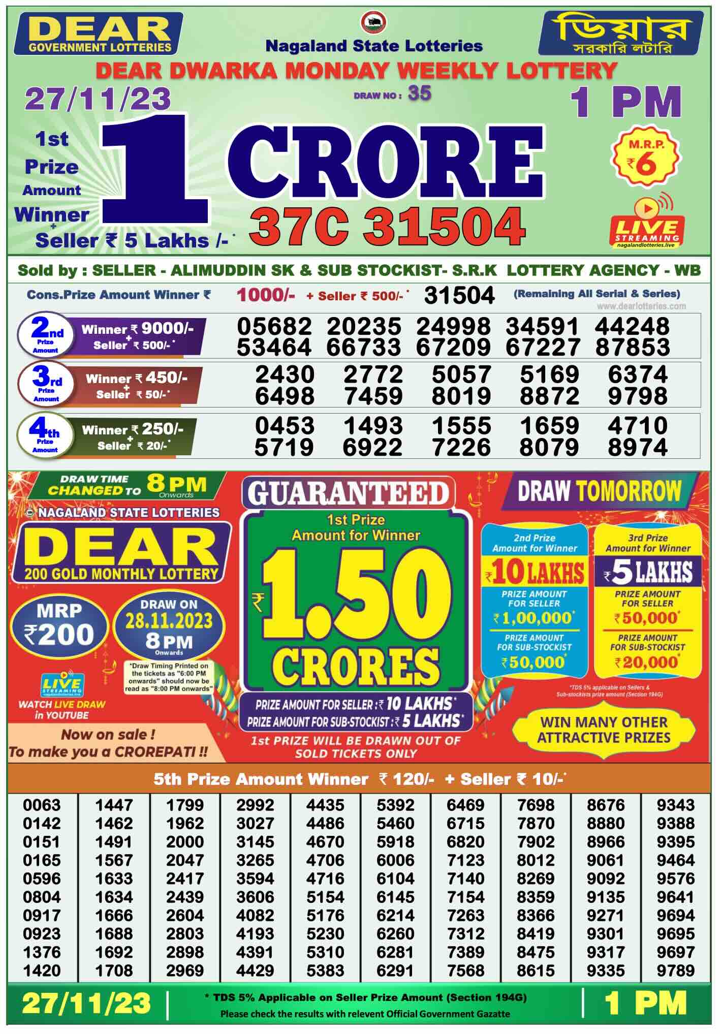 Dhankesari Result Lottery Sambad 1:00 PM Result 27.11.2023