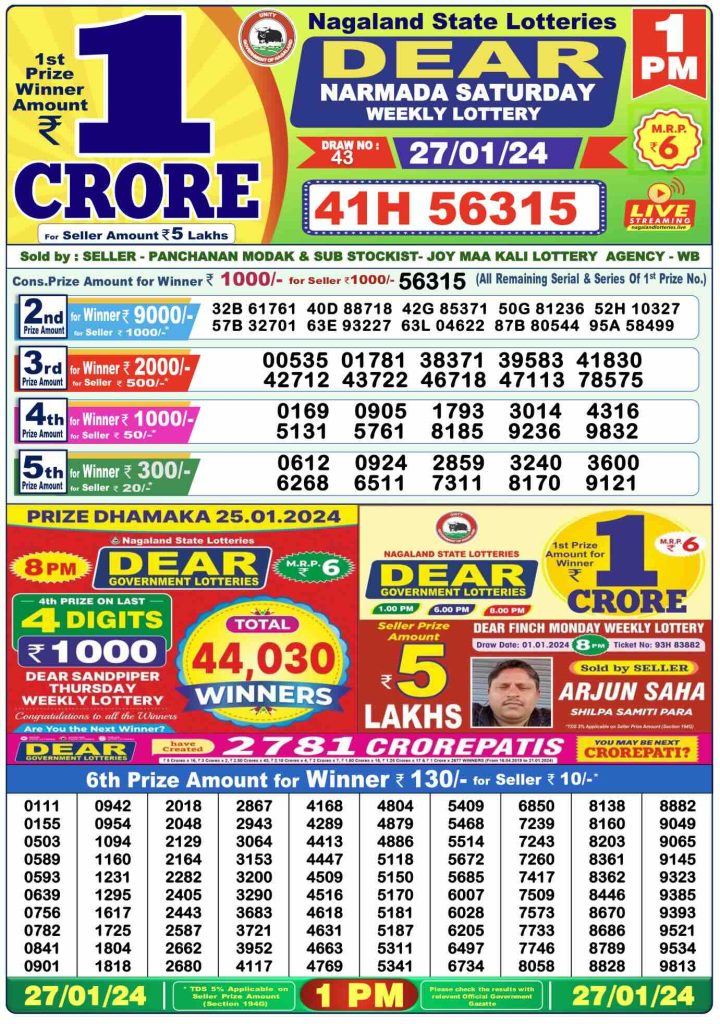 Dhankesari Result Lottery Sambad 1:00 PM Result 27.1.2024