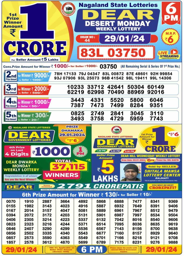 Lottery Sambad Day Result 6 PM 29.1.2024