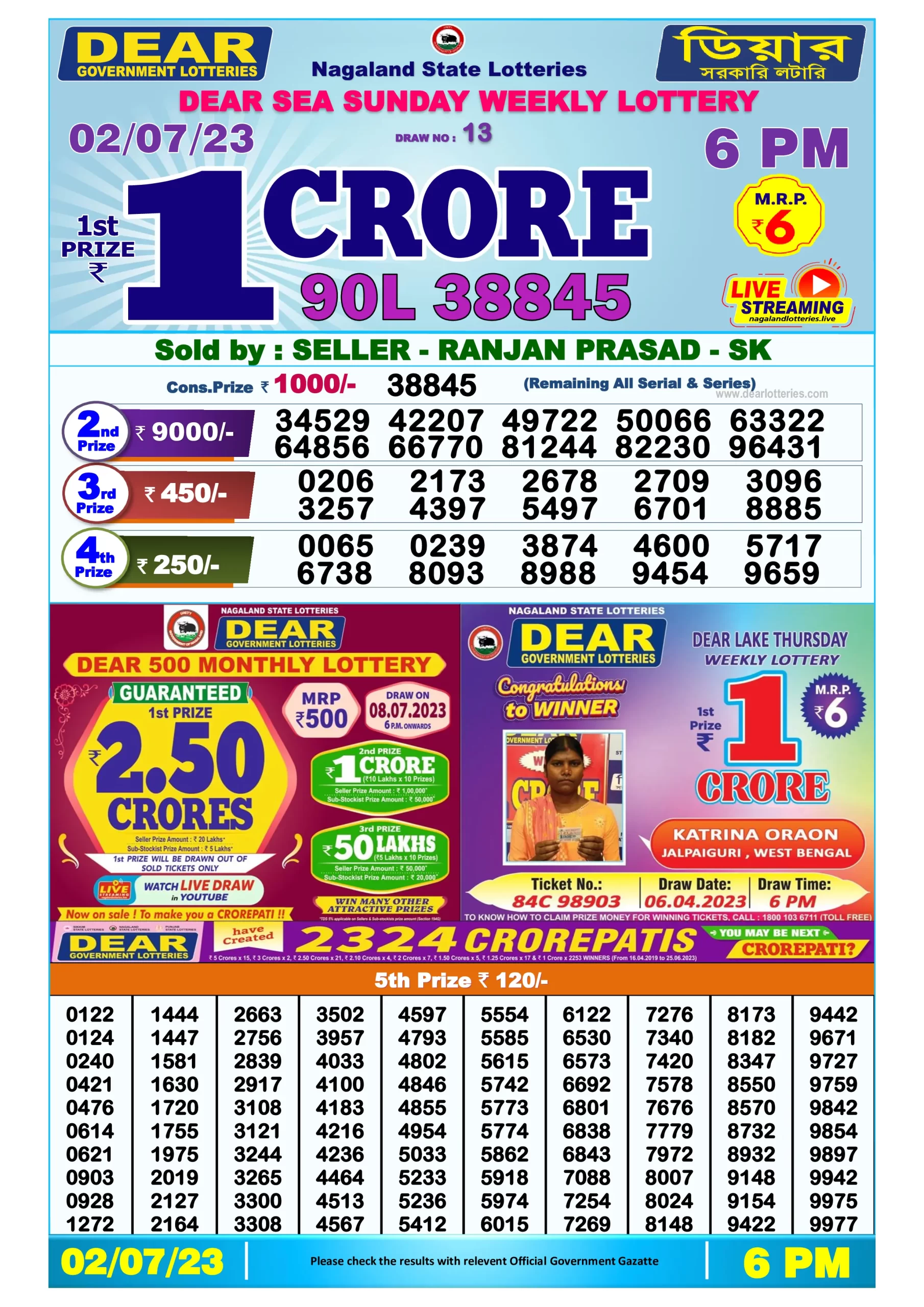 Dhankesari Result Today Lottery Sambad 6:00 PM 2.7.2023