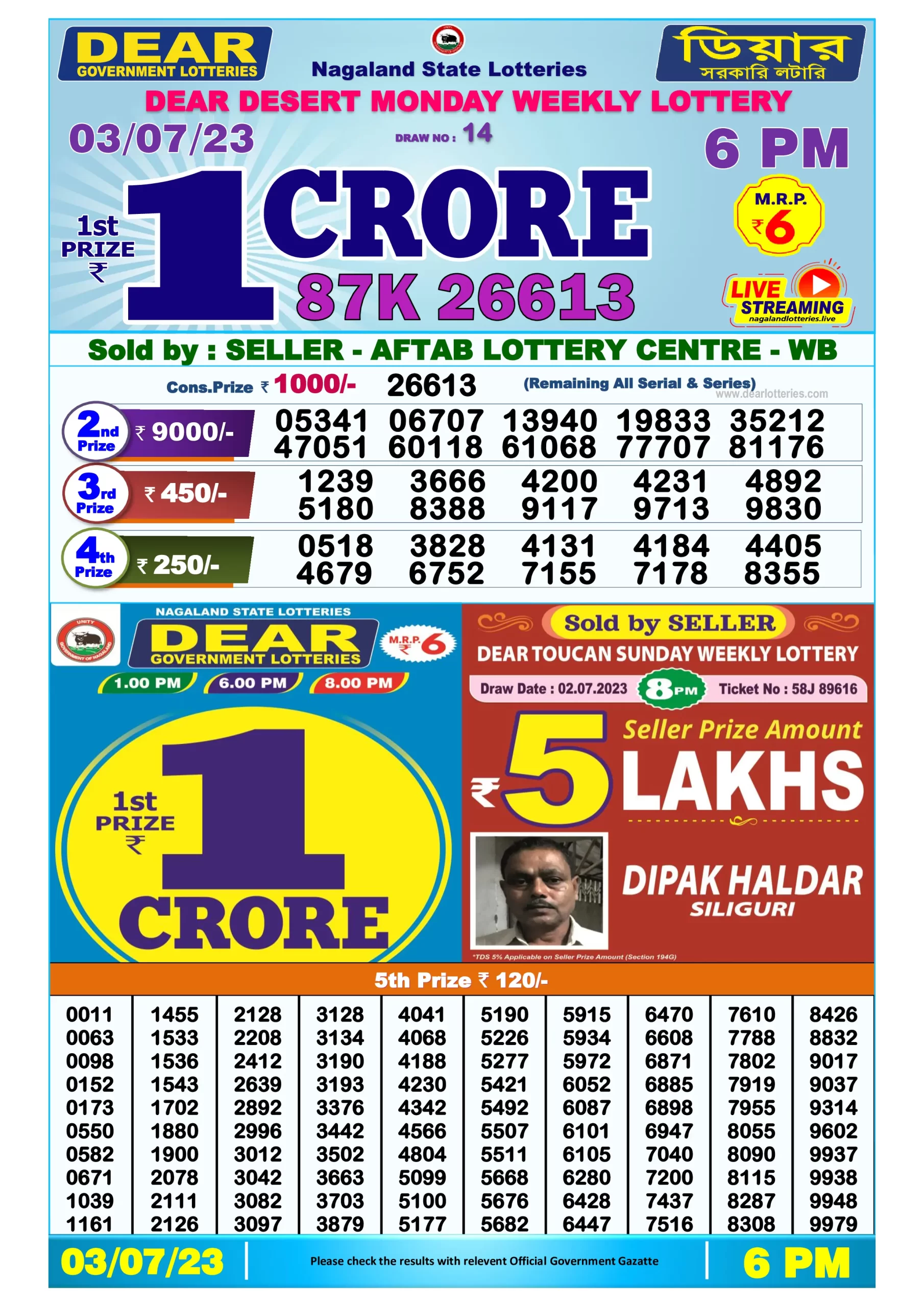 Dhankesari Result Today Lottery Sambad 6:00 PM 3.7.2023