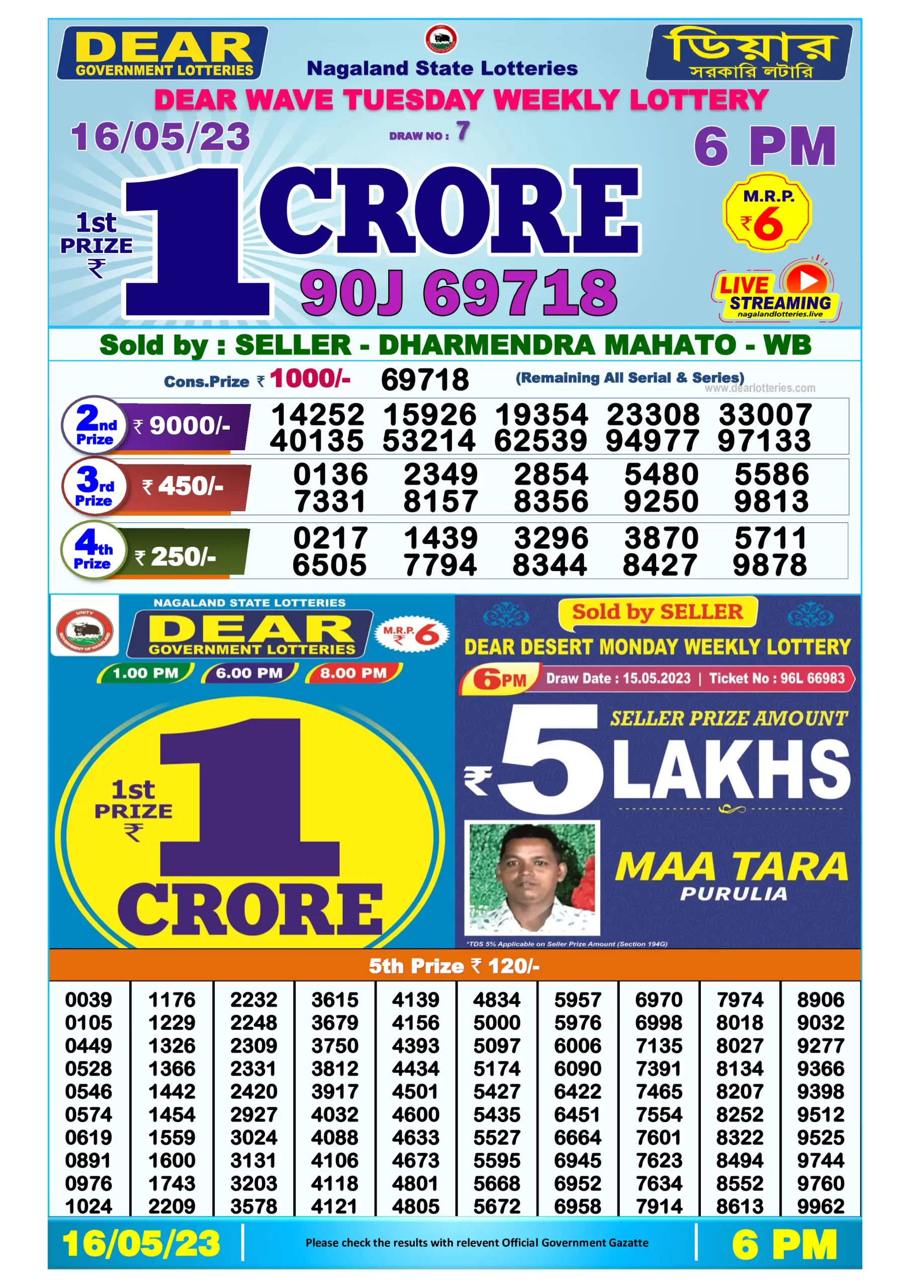 Dhankesari Result Today Lottery Sambad 6:00 PM 16.5.2023