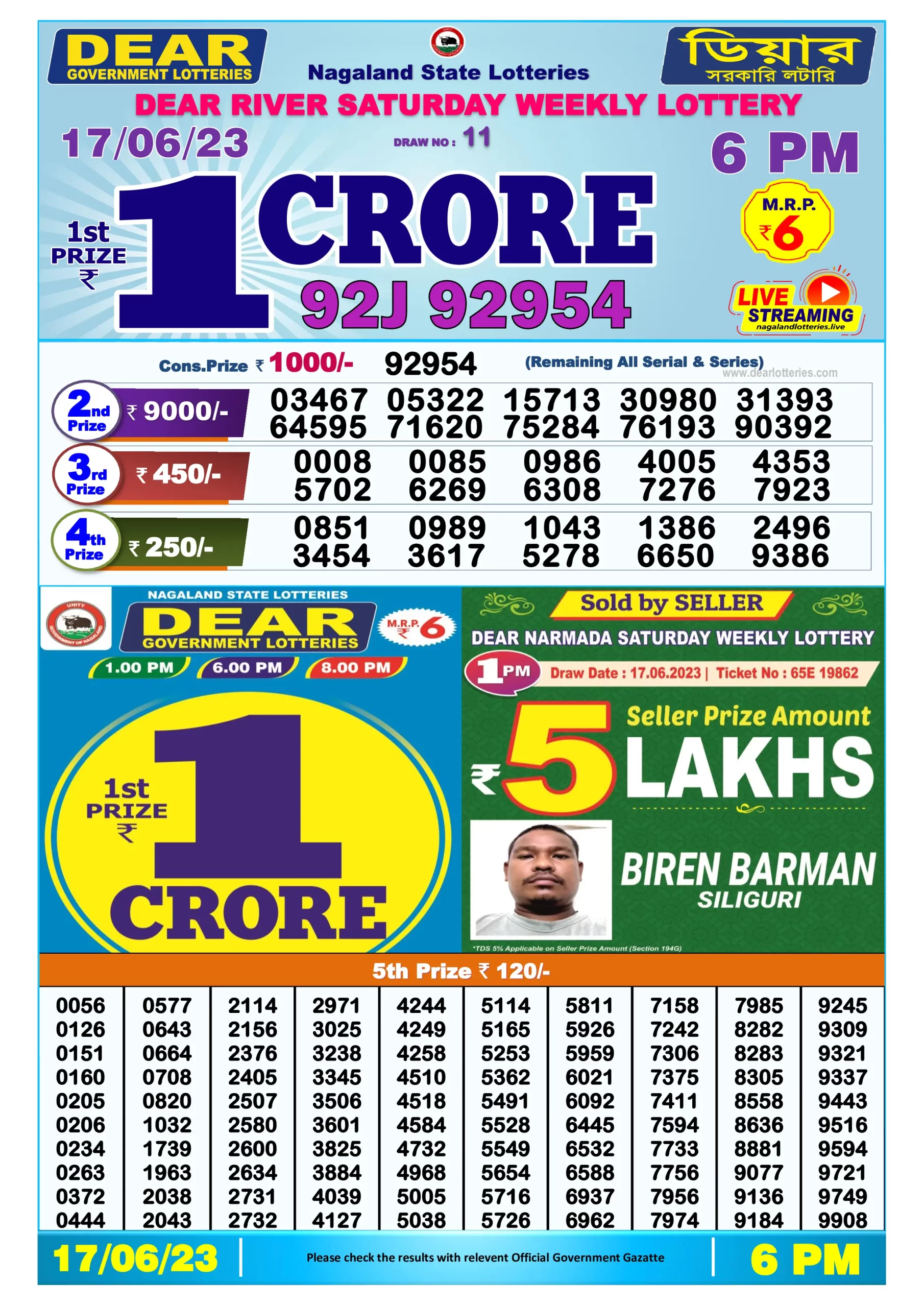 Dhankesari Result Today Lottery Sambad 6:00 PM 17.6.2023