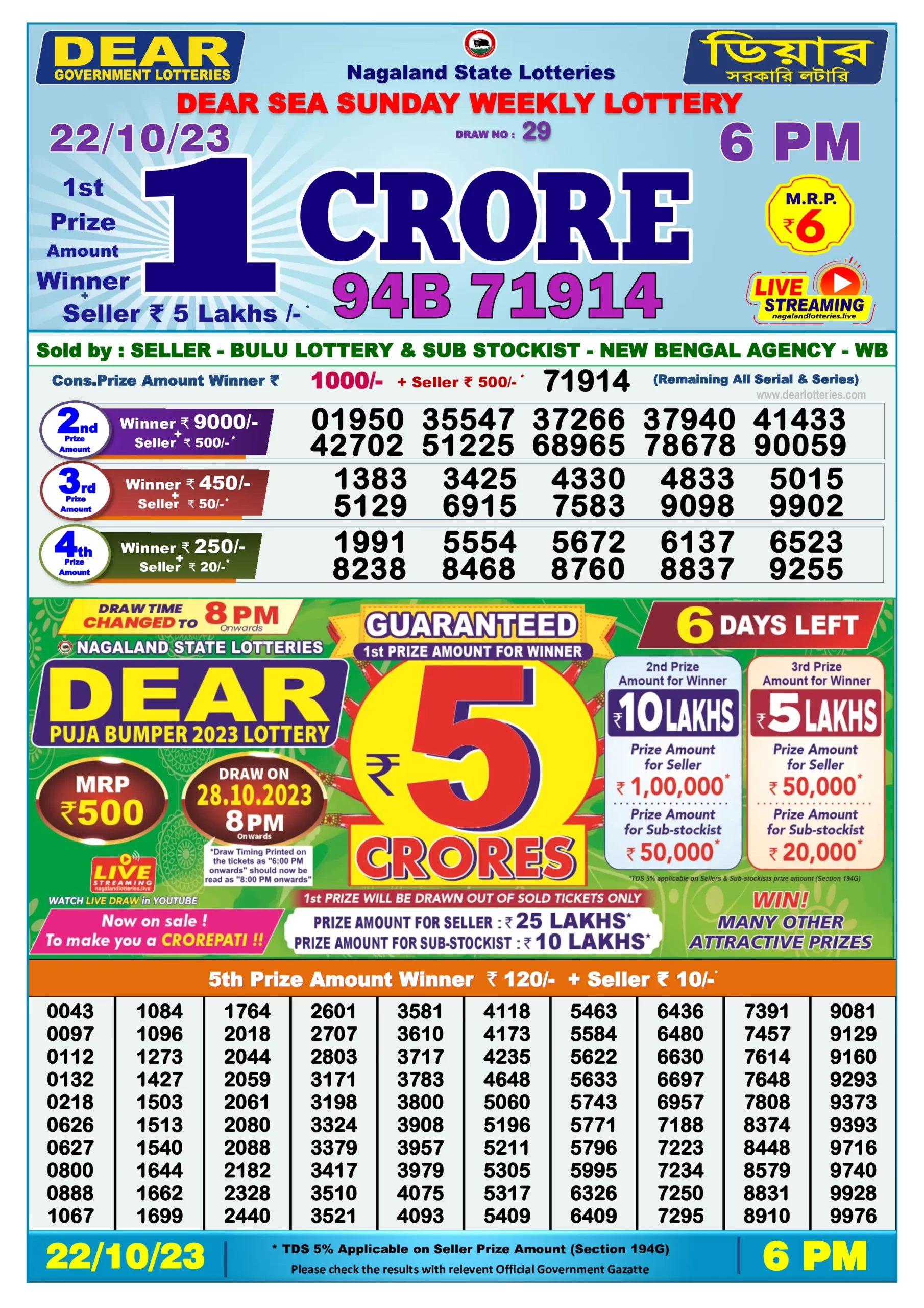 Lottery Sambad Day Result 6 PM 22.10.2023