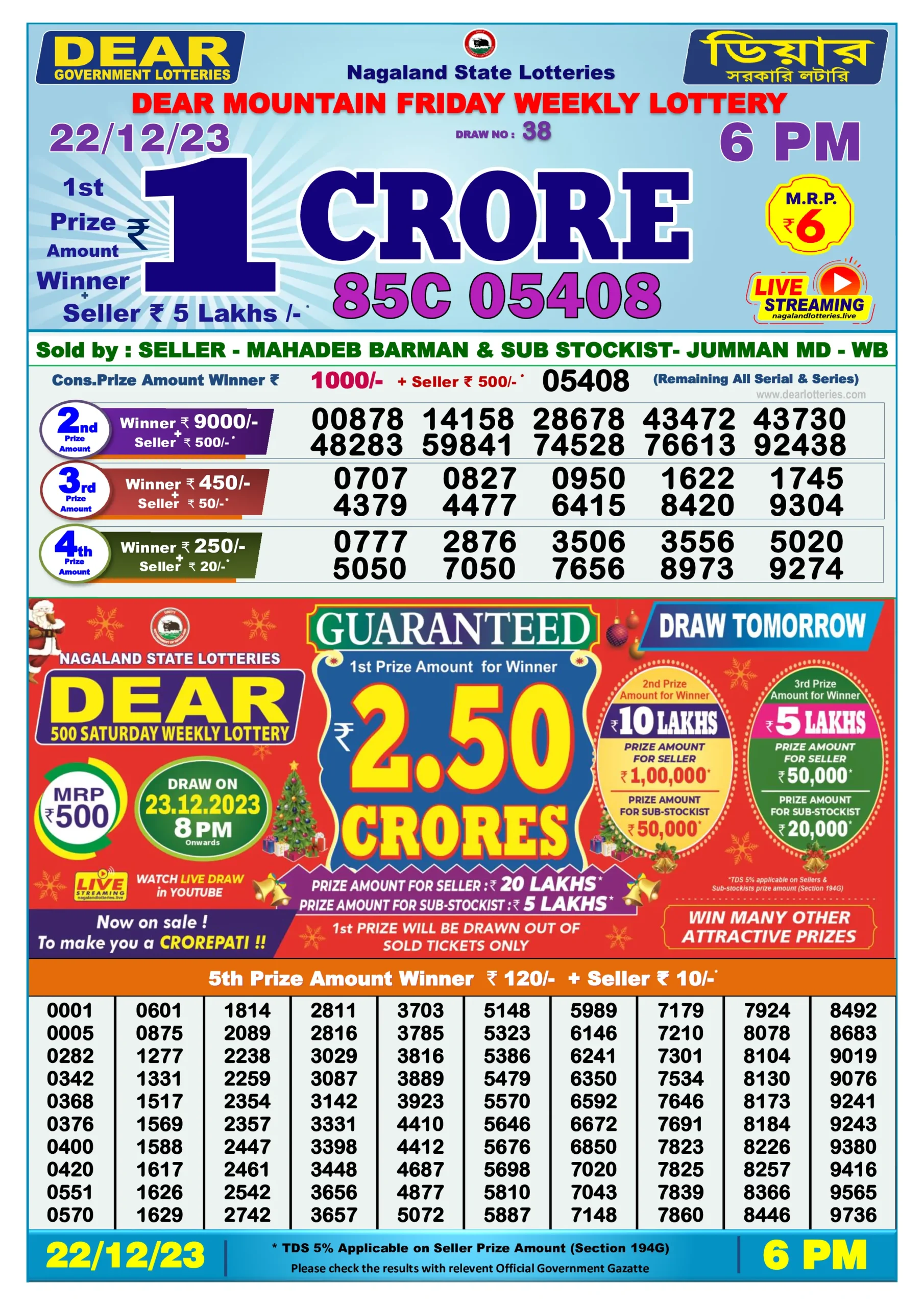 Dhankesari Result Today Lottery Sambad 6:00 PM 22.12.2023