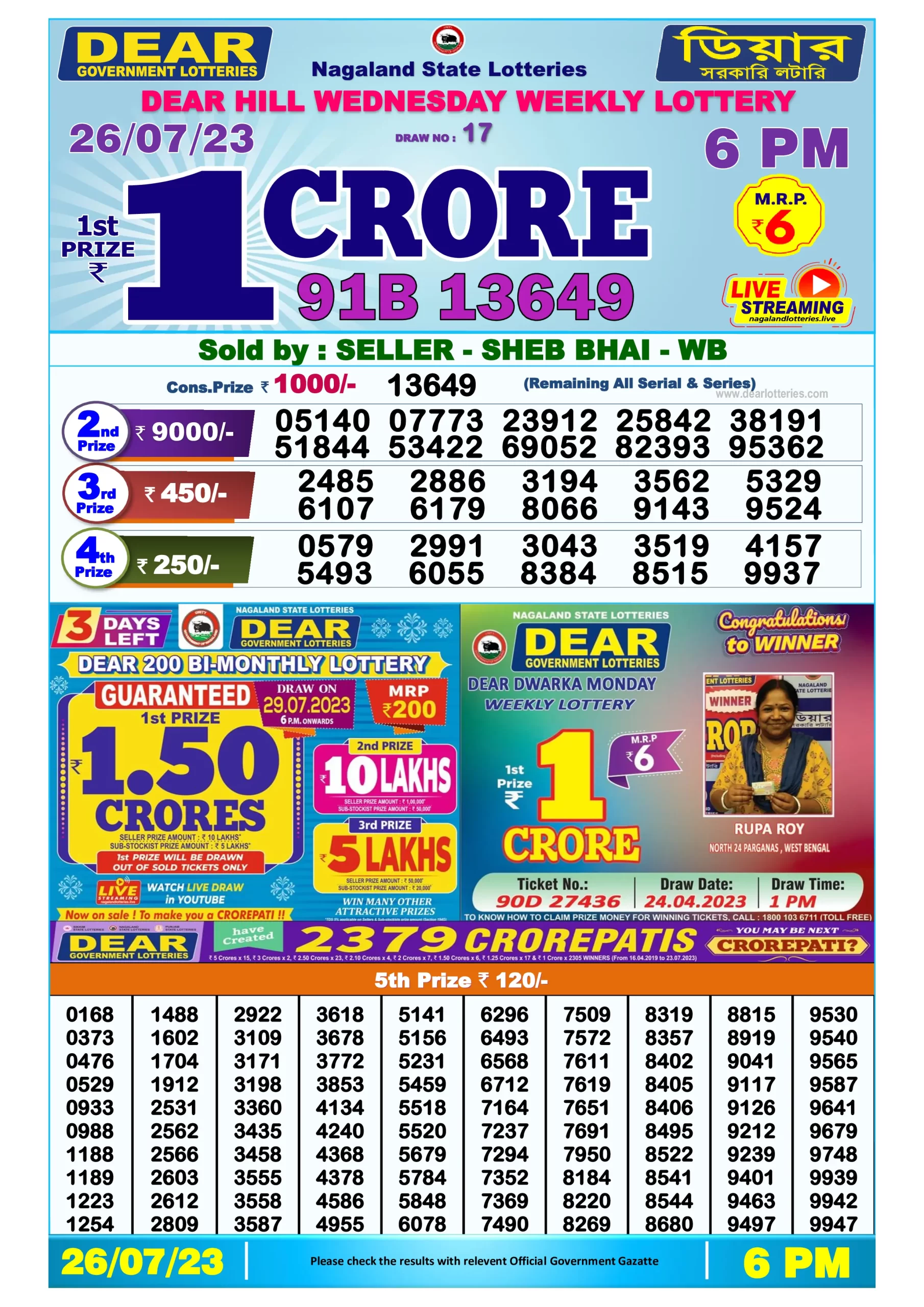 Dhankesari Result Today Lottery Sambad 6:00 PM 26.7.2023