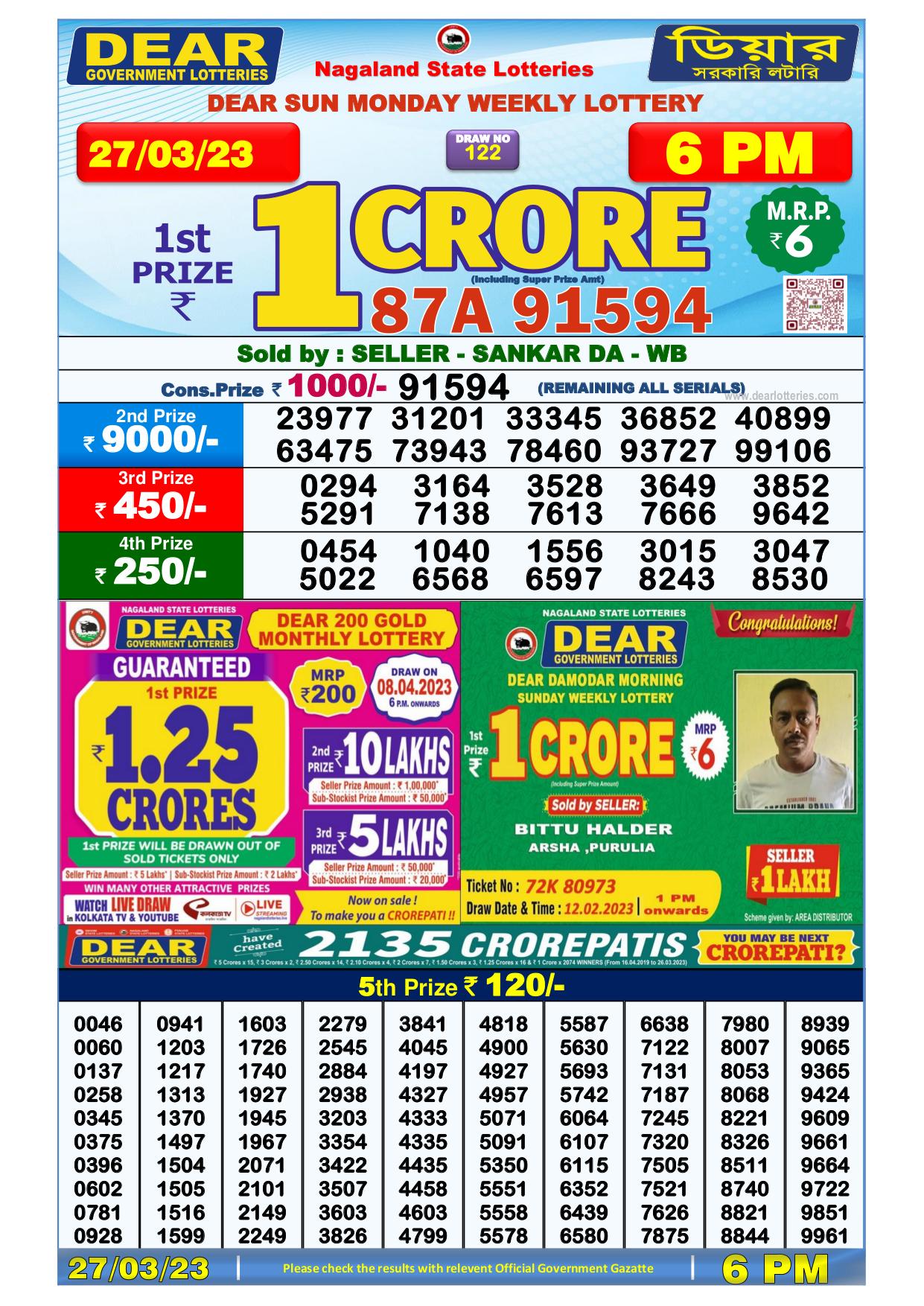 Dhankesari Result Today Lottery Sambad 6:00 PM 27.3.2023