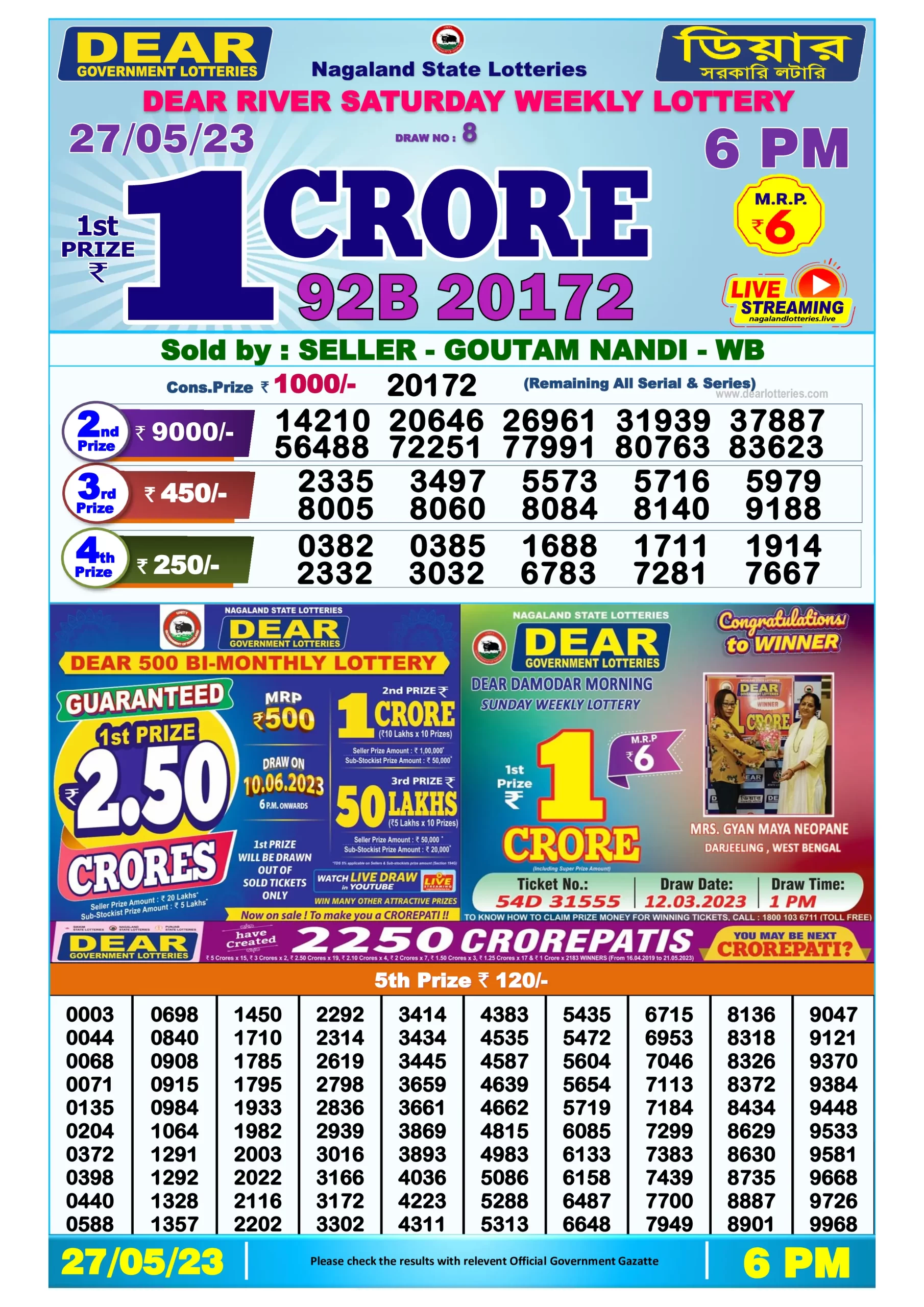 Dhankesari Result Today Lottery Sambad 6:00 PM 27.5.2023