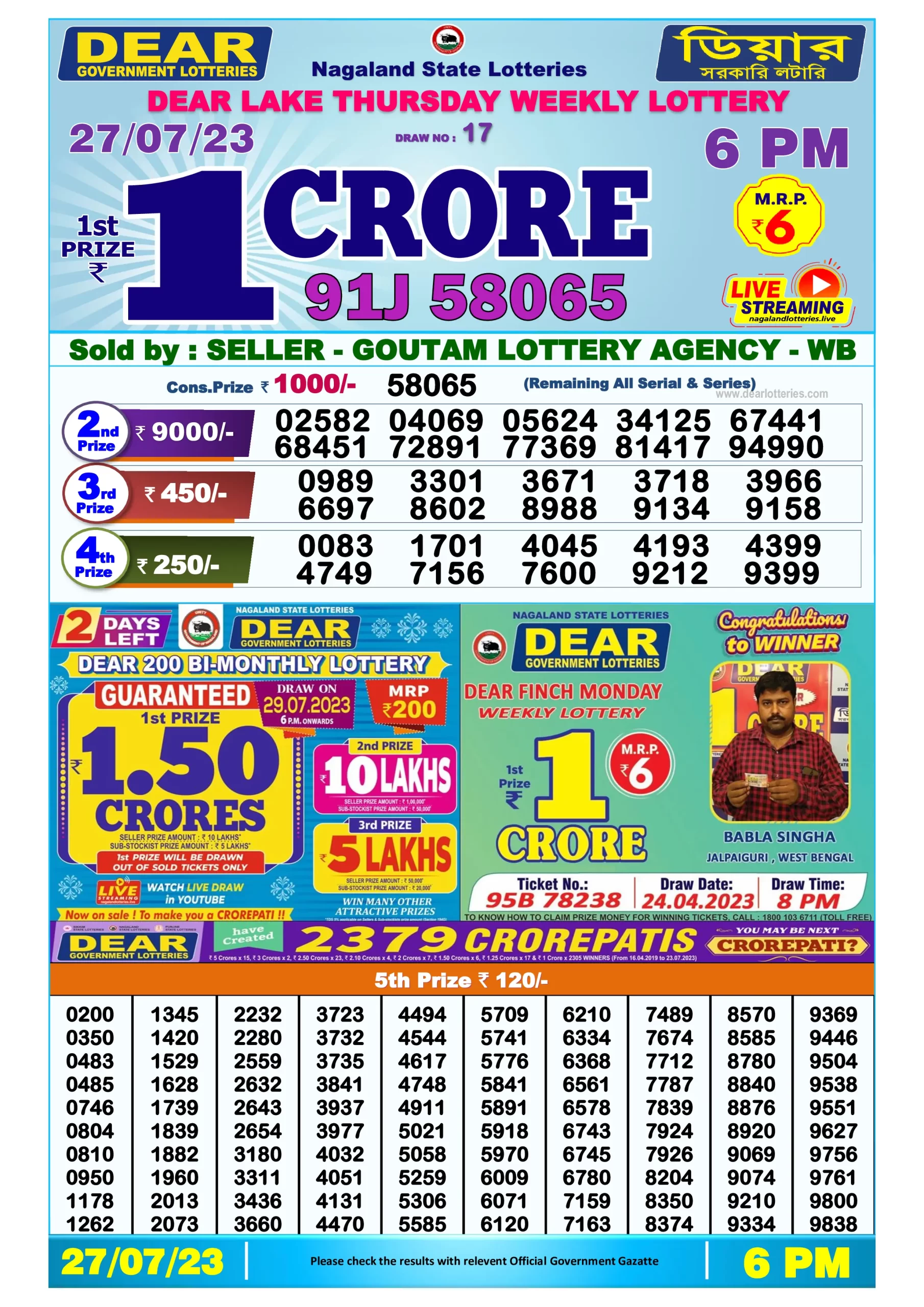 Dhankesari Result Today Lottery Sambad 6:00 PM 27.7.2023