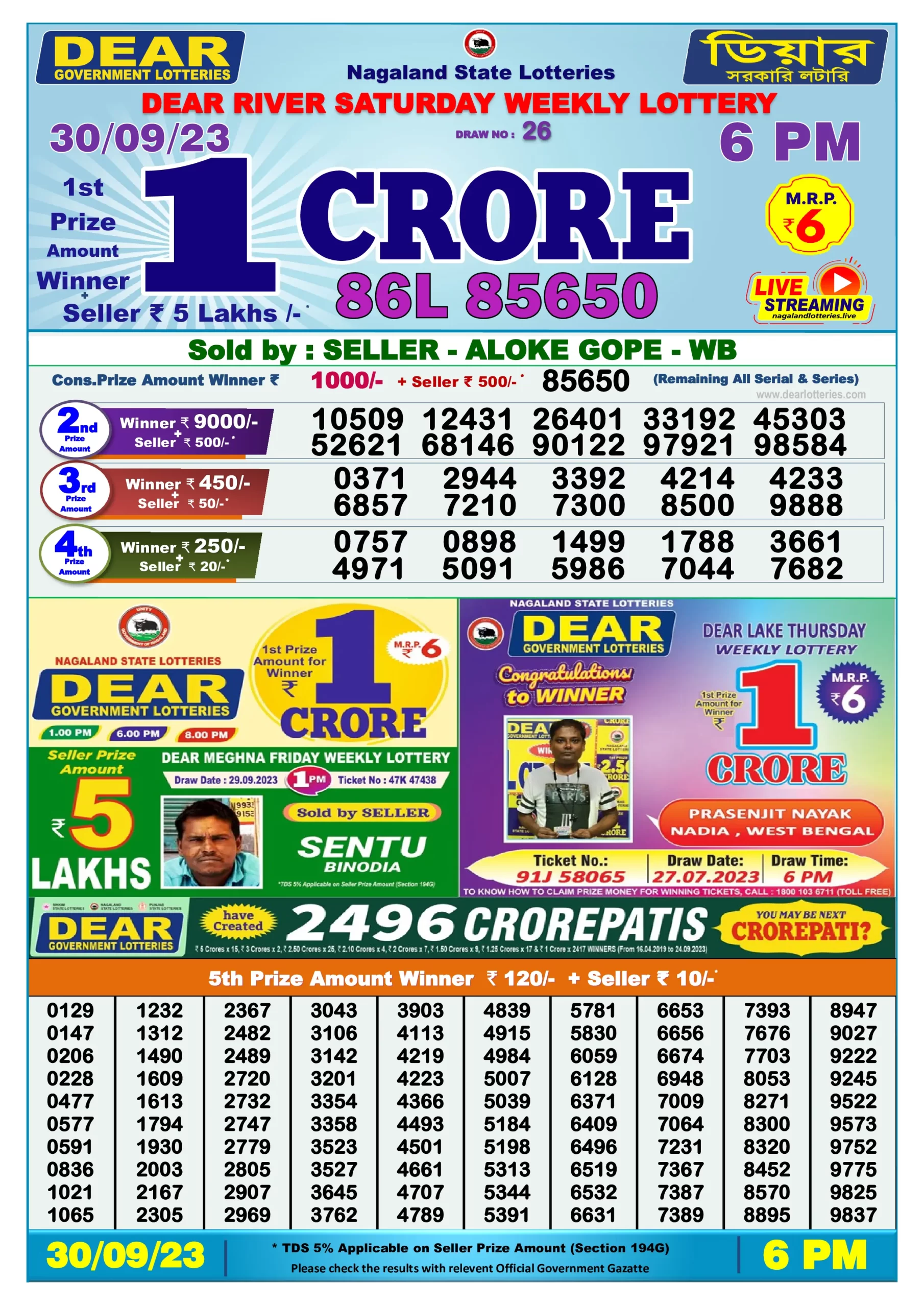 Lottery Sambad Day Result 6 PM 30.9.2023