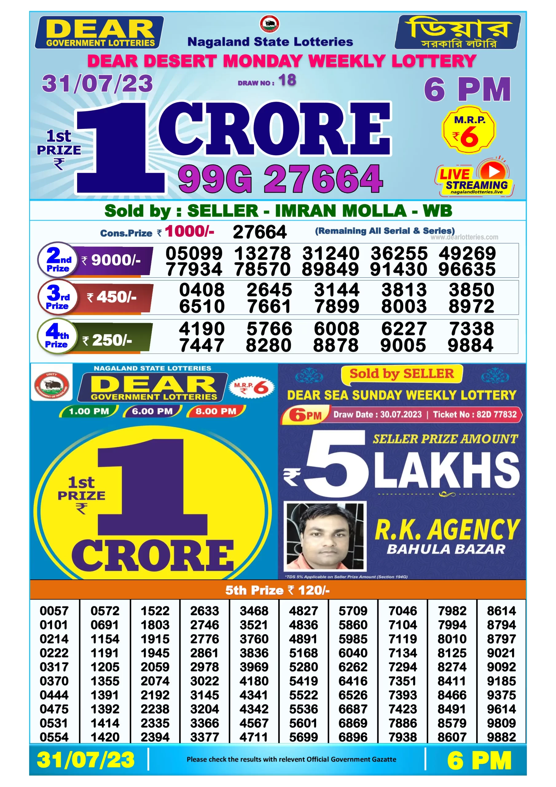 Dhankesari Result Today Lottery Sambad 6:00 PM 31.7.2023