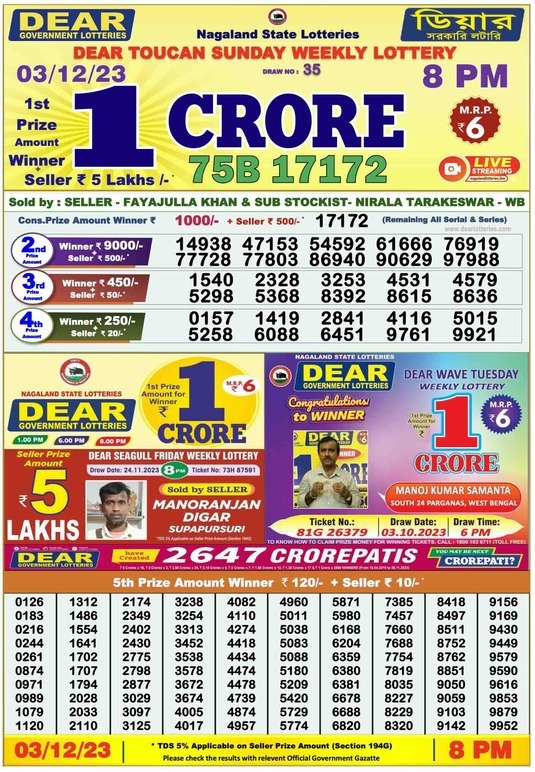 Lottery Sambad 3.12.2023 Today Result 1 PM, 6 PM, 8 PM