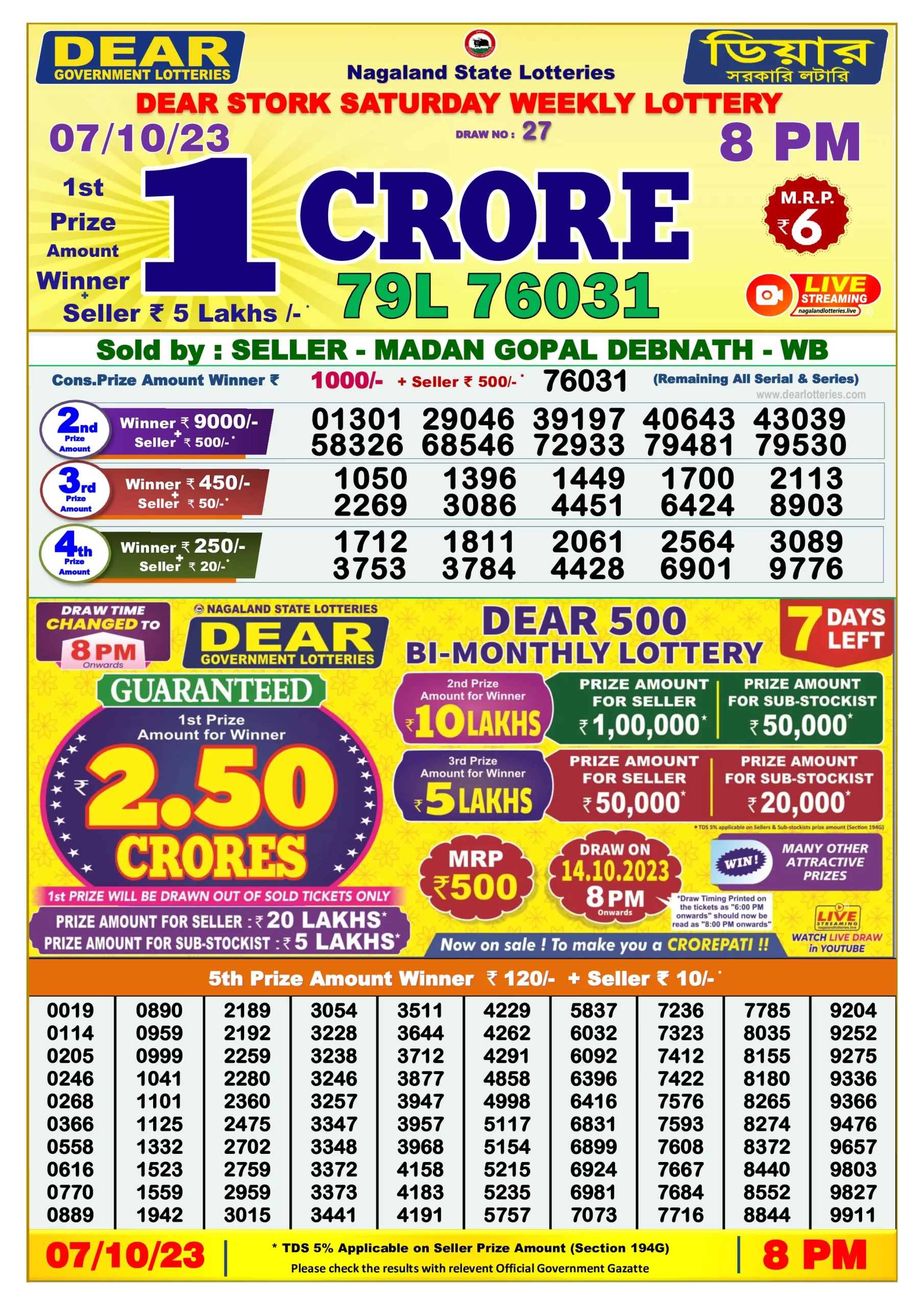 Dhankesari Result 8:00 PM Lottery Sambad Evening 7.10.2023