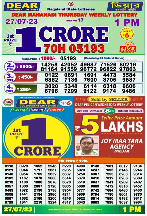 Dhankesari Result Lottery Sambad 1:00 PM Result 27.7.2023