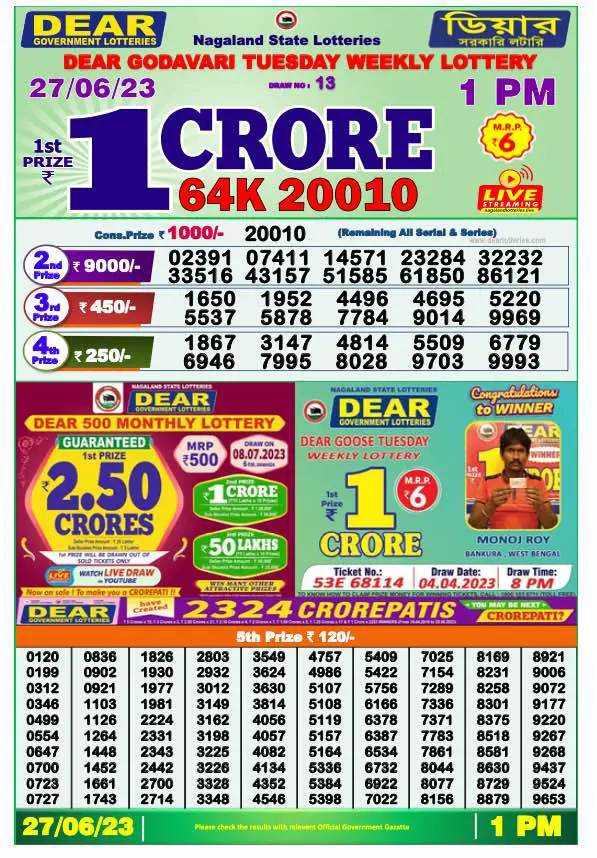 Dhankesari Result Lottery Sambad 1:00 PM Result 27.6.2023