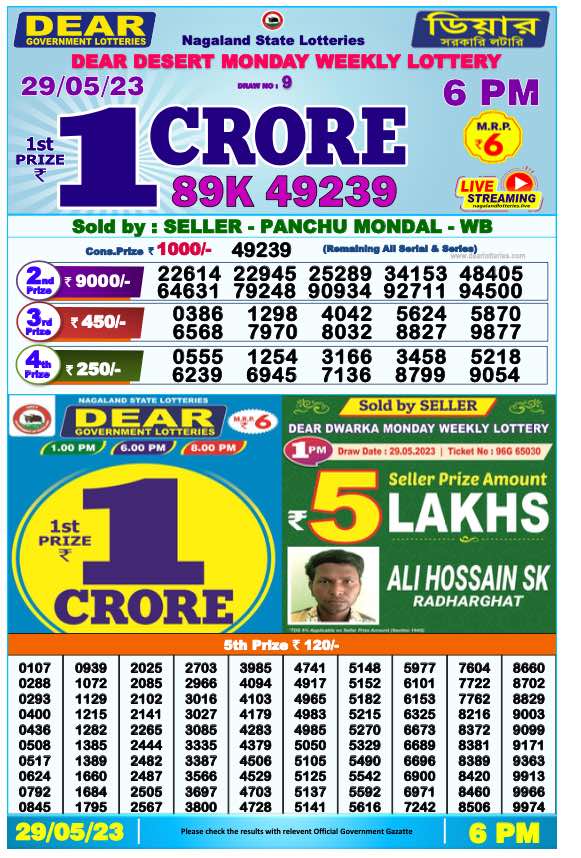 Dhankesari Result Today Lottery Sambad 6:00 PM 29.5.2023