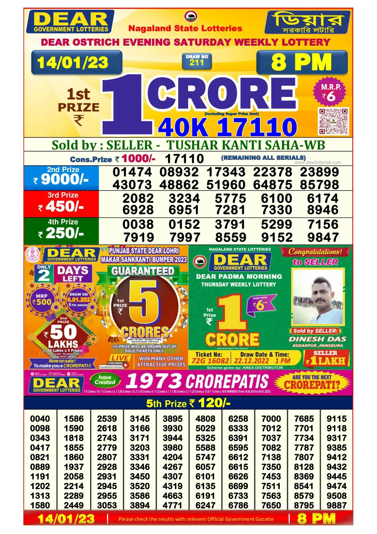 Dhankesari Result 14.1.2023 Today PM, 6 PM, 8 PM Lottery Sambad
