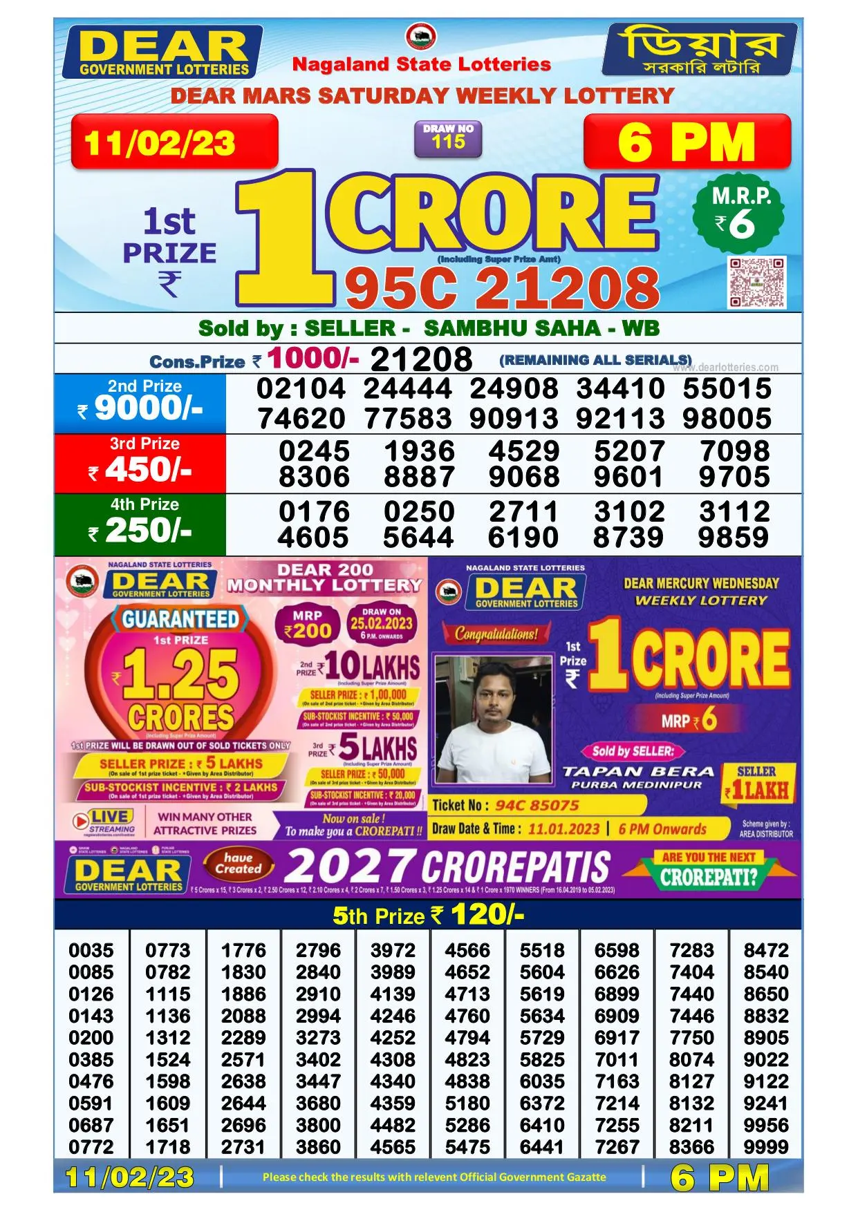 Dhankesari Result Today Lottery Sambad 6:00 PM 11.2.2023