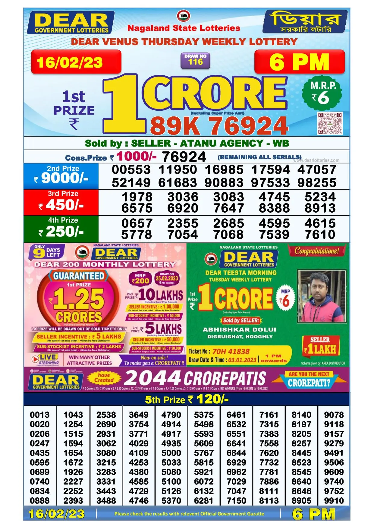 Dhankesari Result Today Lottery Sambad 6:00 PM 16.2.2023