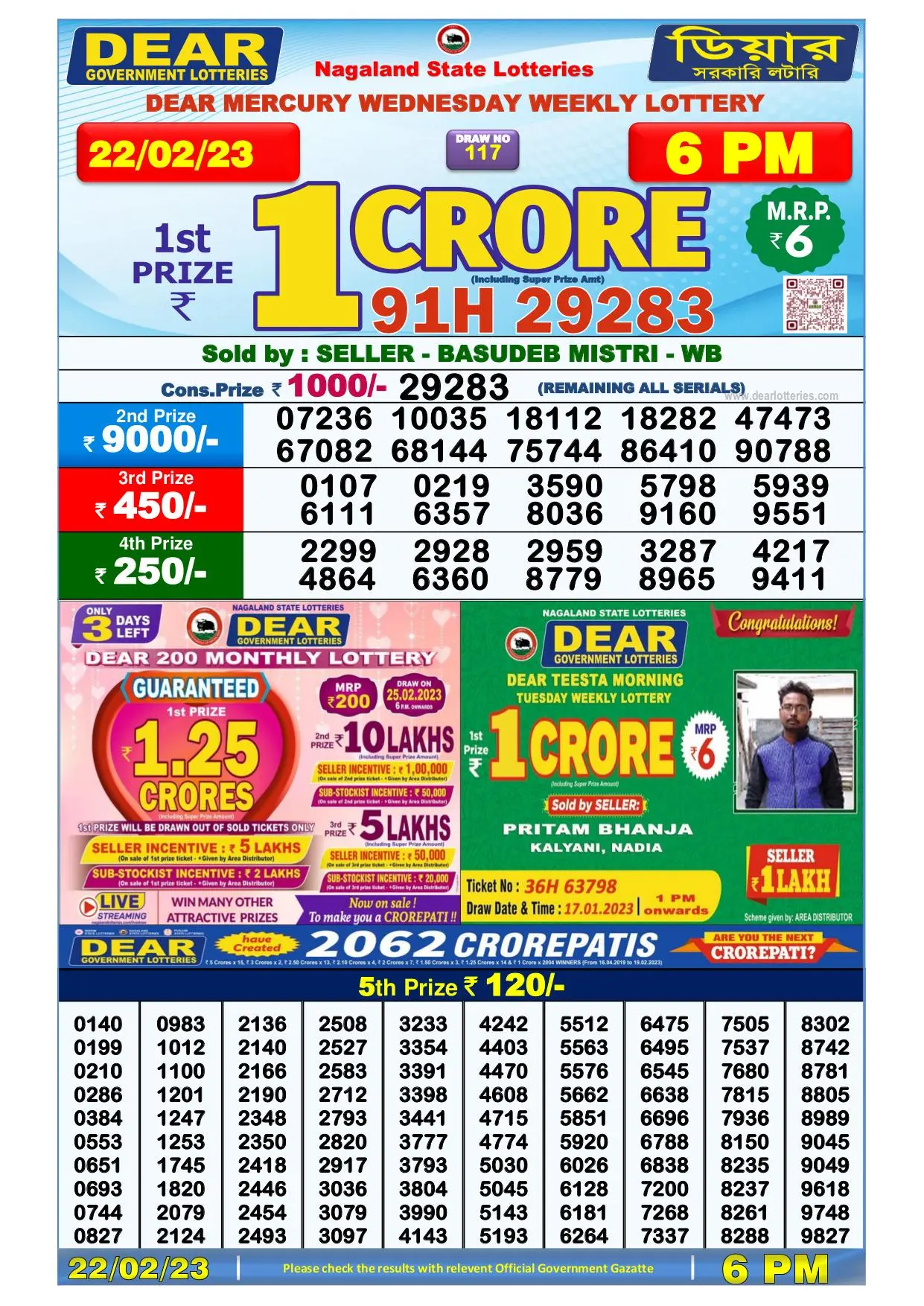 Dhankesari Result Today Lottery Sambad 6:00 PM 22.2.2023