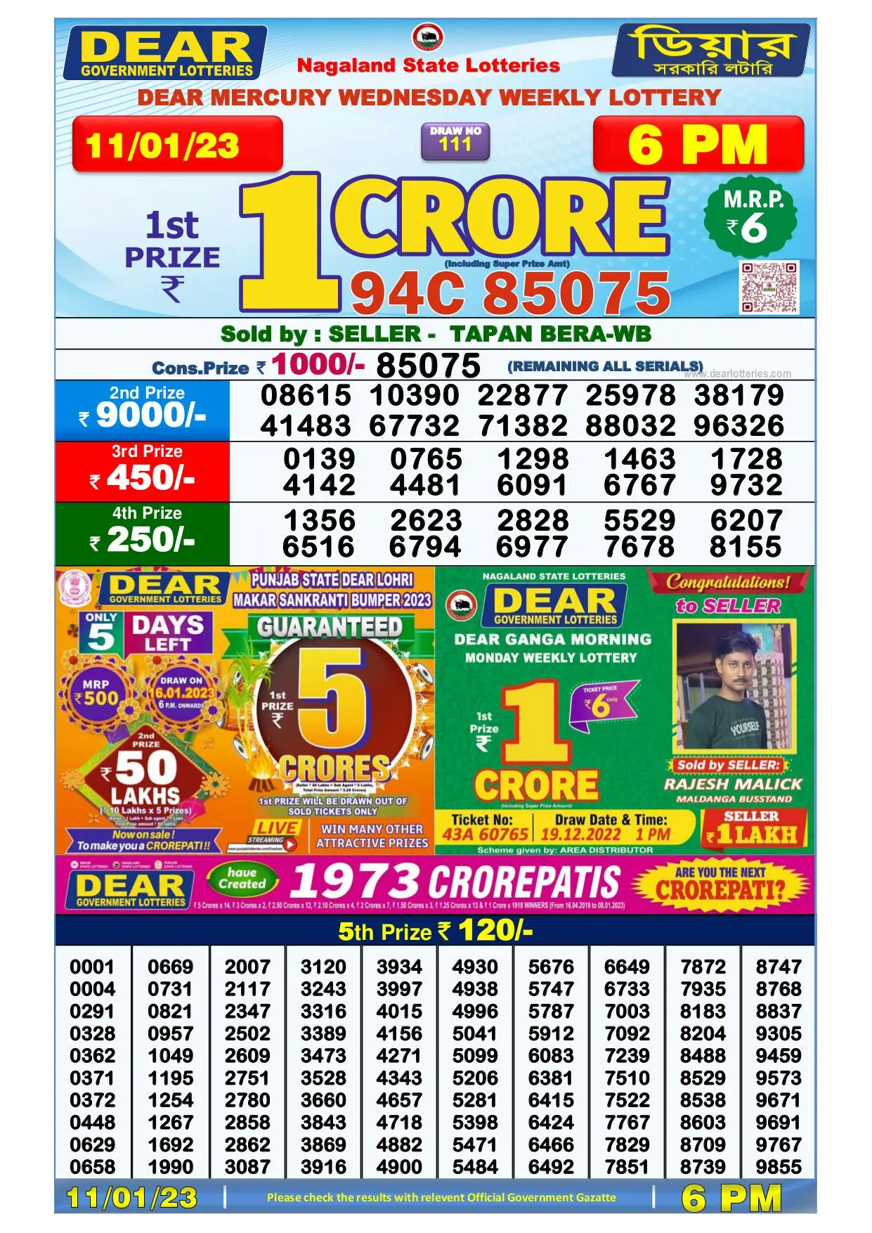 Dhankesari Result Today Lottery Sambad 6:00 PM 11.1.2023
