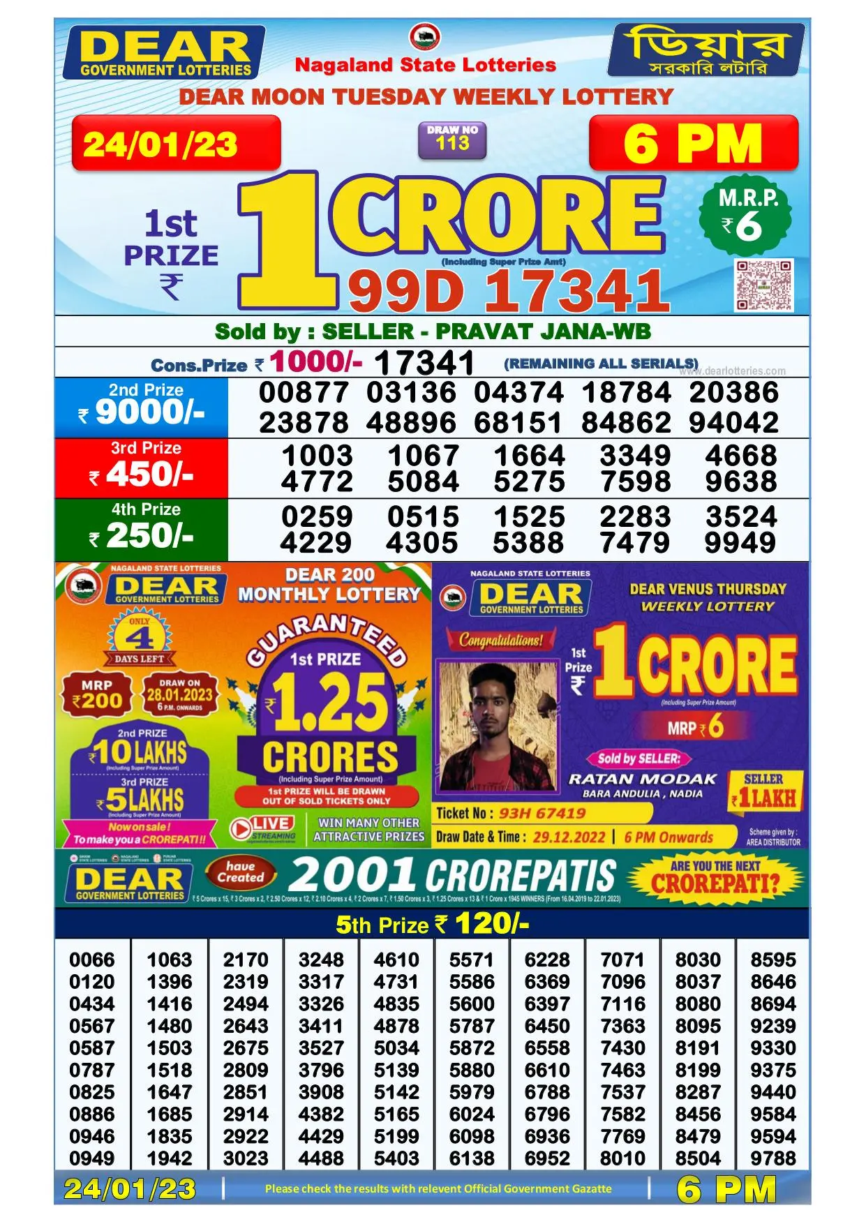 Dhankesari Result Today Lottery Sambad 6:00 PM 24.1.2023