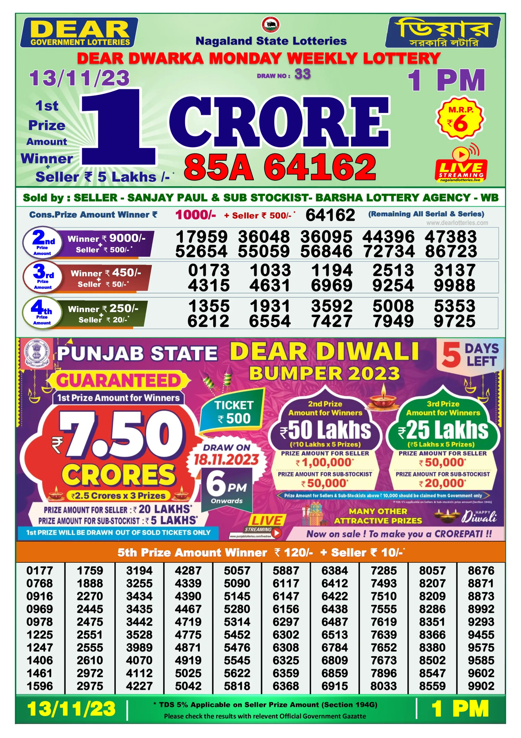 Dhankesari Result Lottery Sambad 1:00 PM Result 13.11.2023