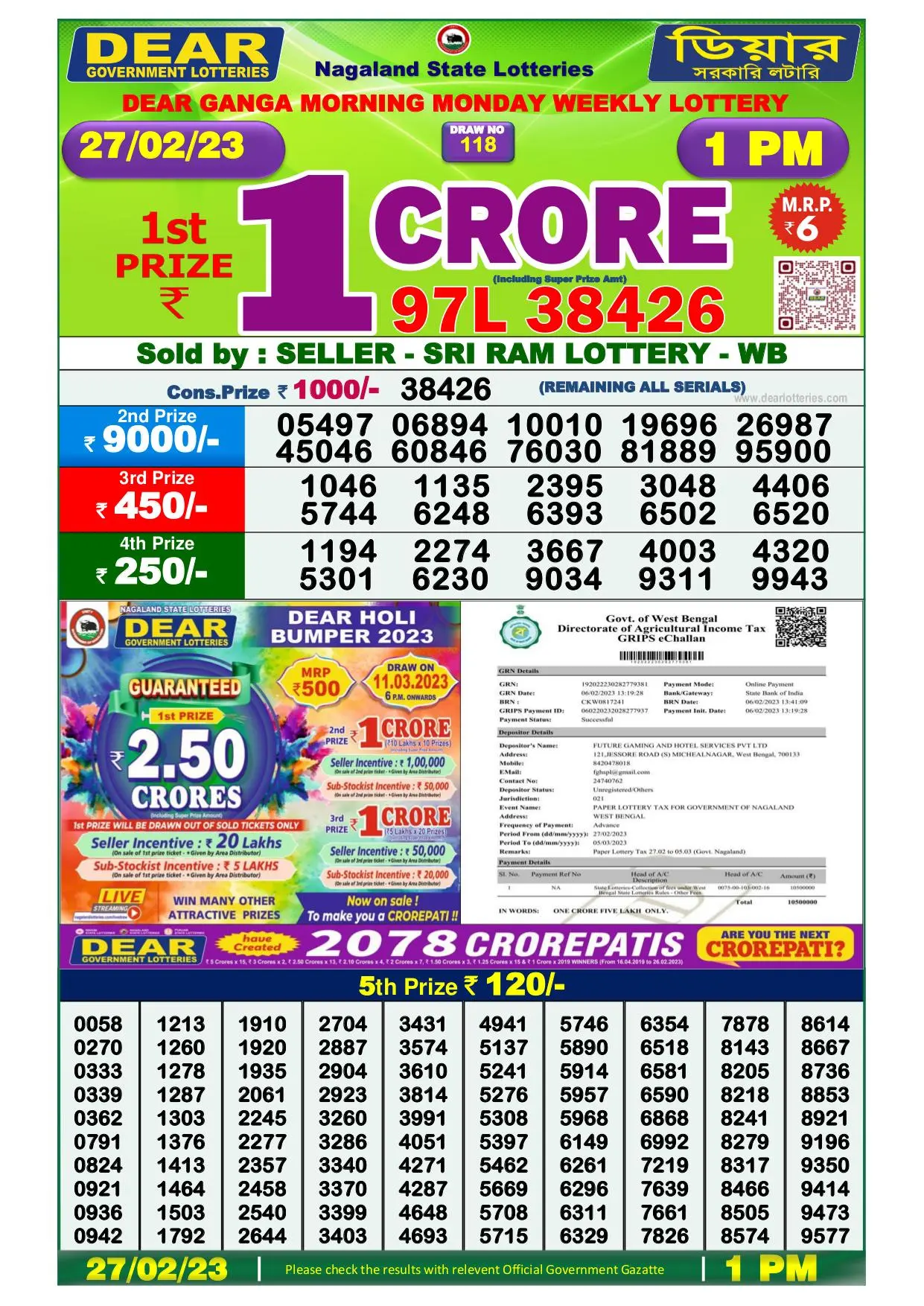Dhankesari Result Lottery Sambad 1:00 PM Result 27.2.2023