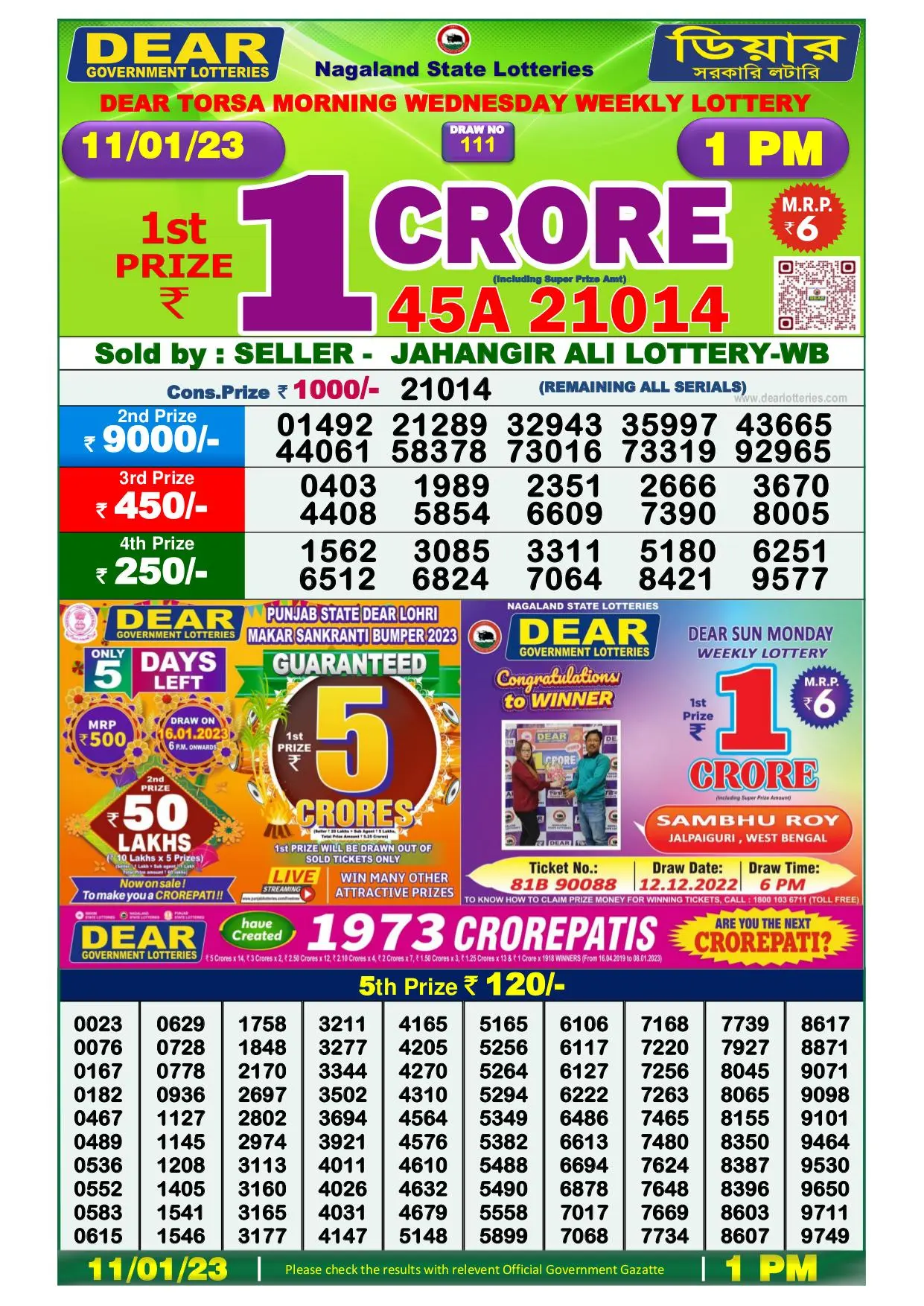 Dhankesari Result Lottery Sambad 1:00 PM Result 11.1.2023