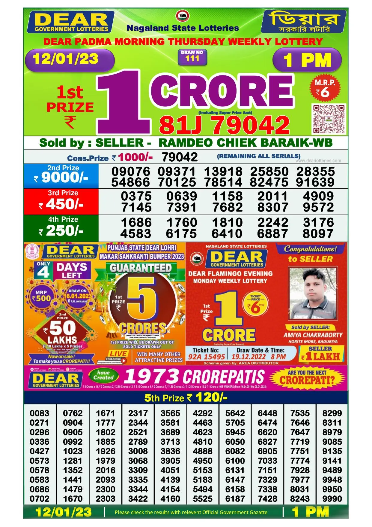 Dhankesari Result Lottery Sambad 1:00 PM Result 12.1.2023