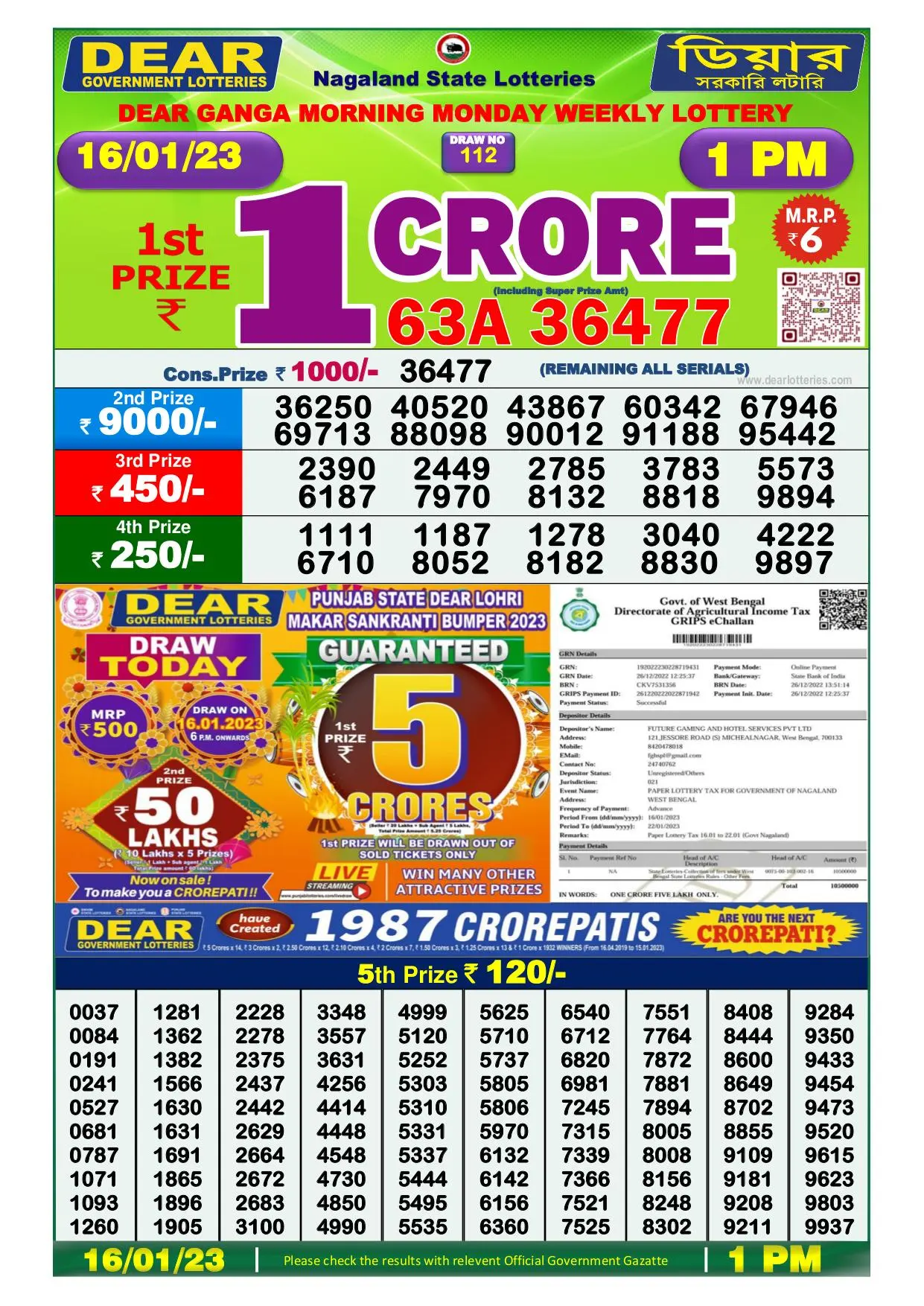 Dhankesari Result Lottery Sambad 1:00 PM Result 16.1.2023