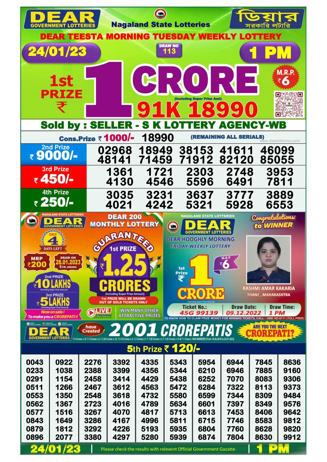 Dhankesari Result Lottery Sambad 1:00 PM Result 24.1.2023