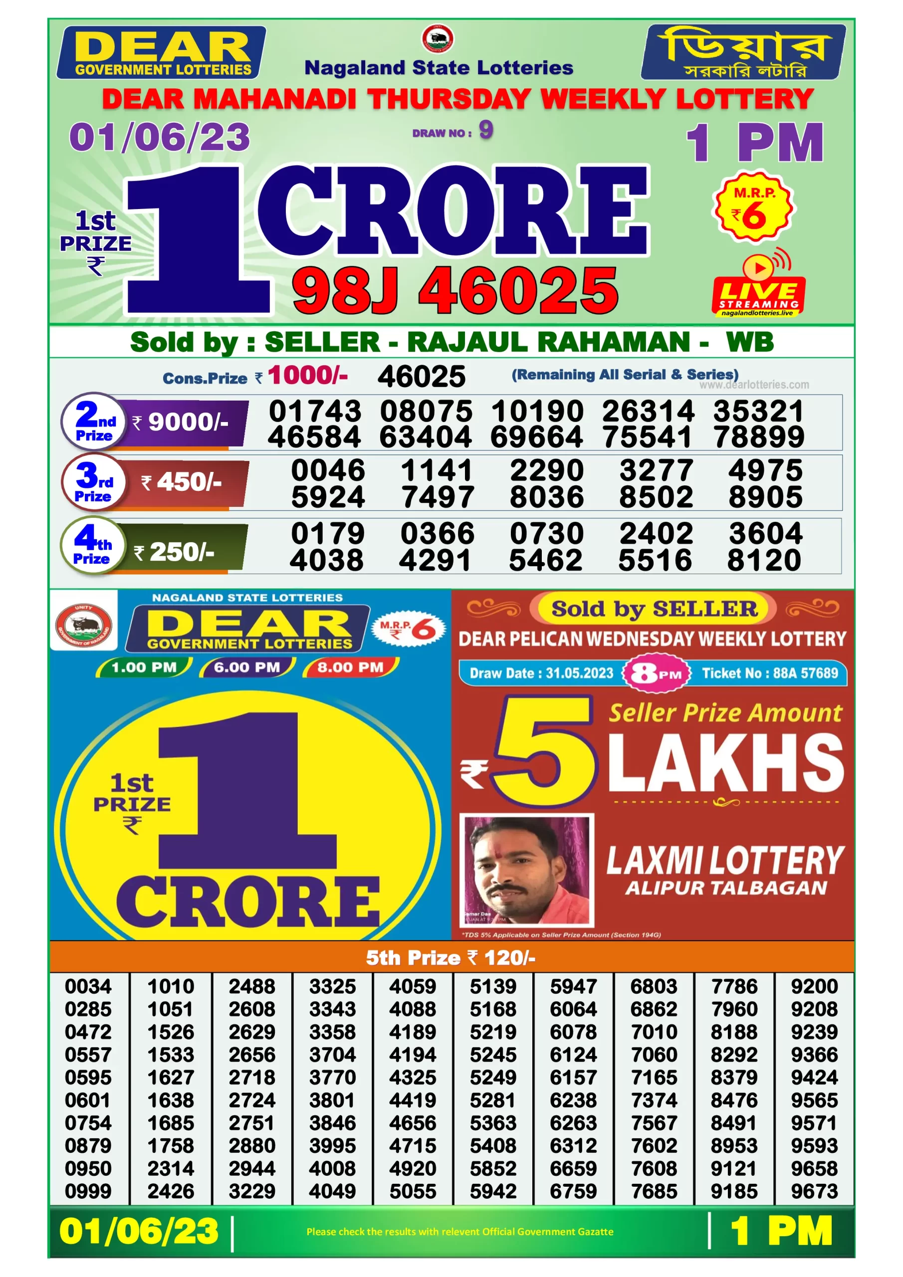 Dhankesari Result Lottery Sambad 1:00 PM Result 1.6.2023