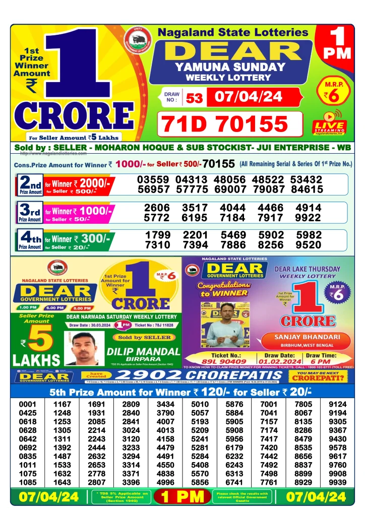 Dhankesari Result Lottery Sambad 1:00 PM Result 7.4.2024
