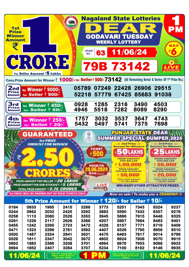 Dhankesari Result Lottery Sambad 1:00 PM Result 11.6.2024