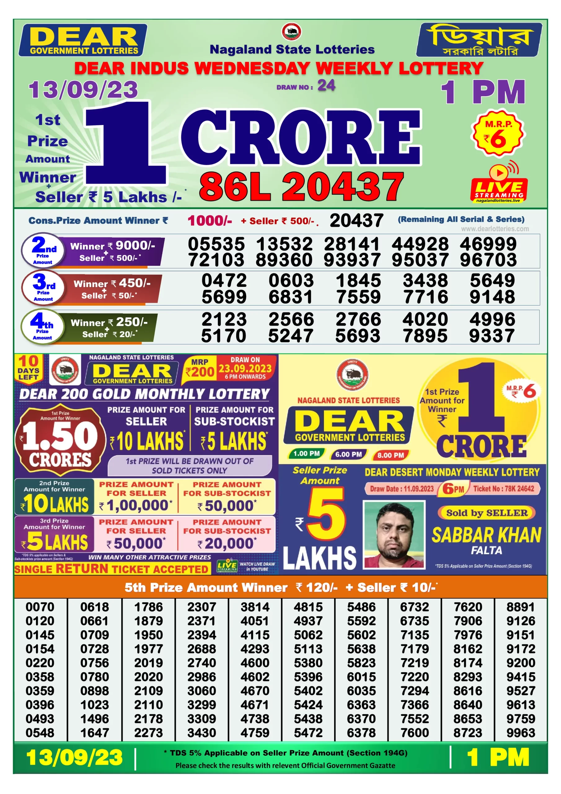 Dhankesari Result Lottery Sambad 1:00 PM Result 13.9.2023