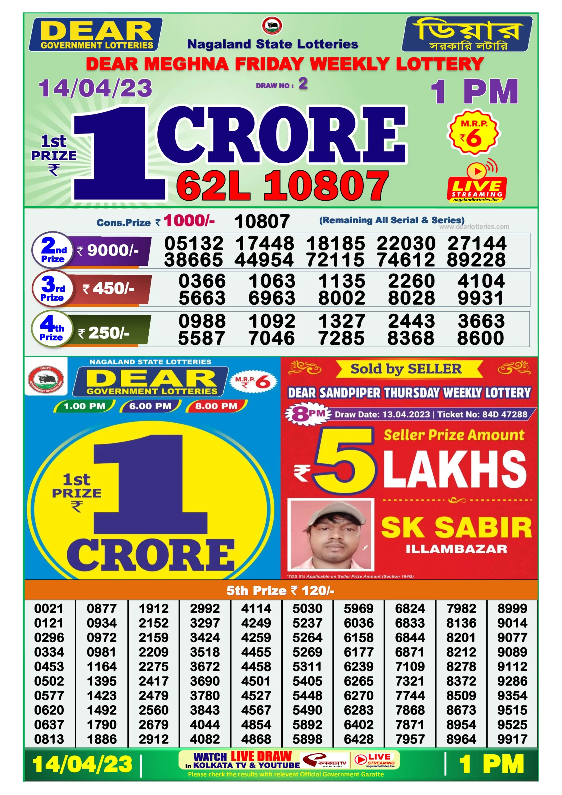 Dhankesari Result Lottery Sambad 1:00 PM Result 14.4.2023