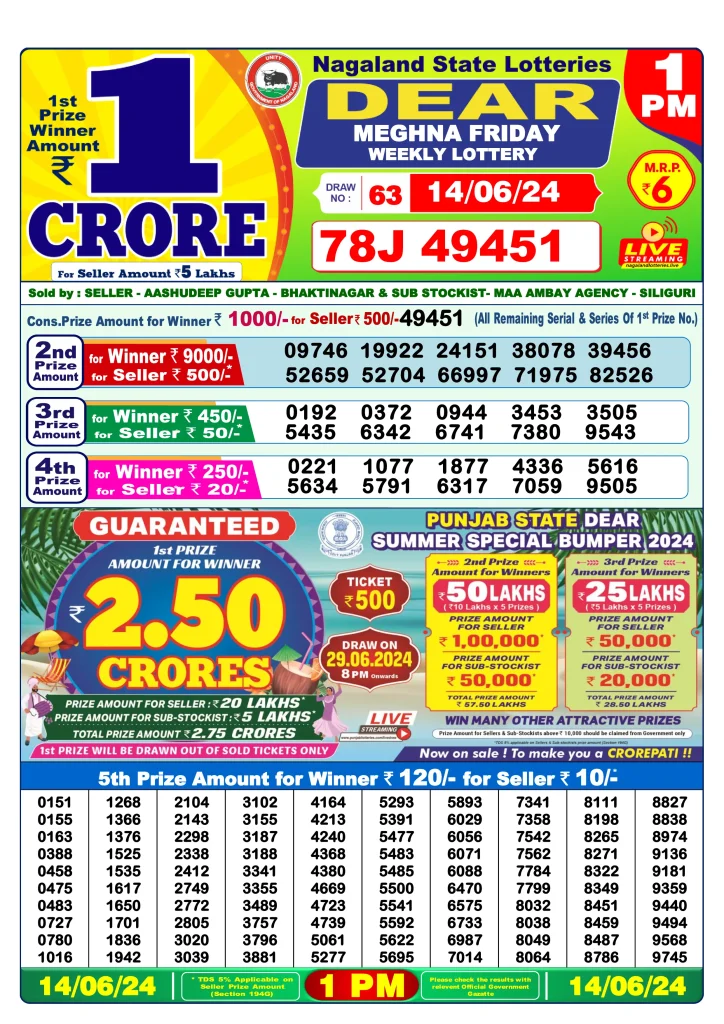 Dhankesari Result Lottery Sambad 1:00 PM Result 14.6.2024