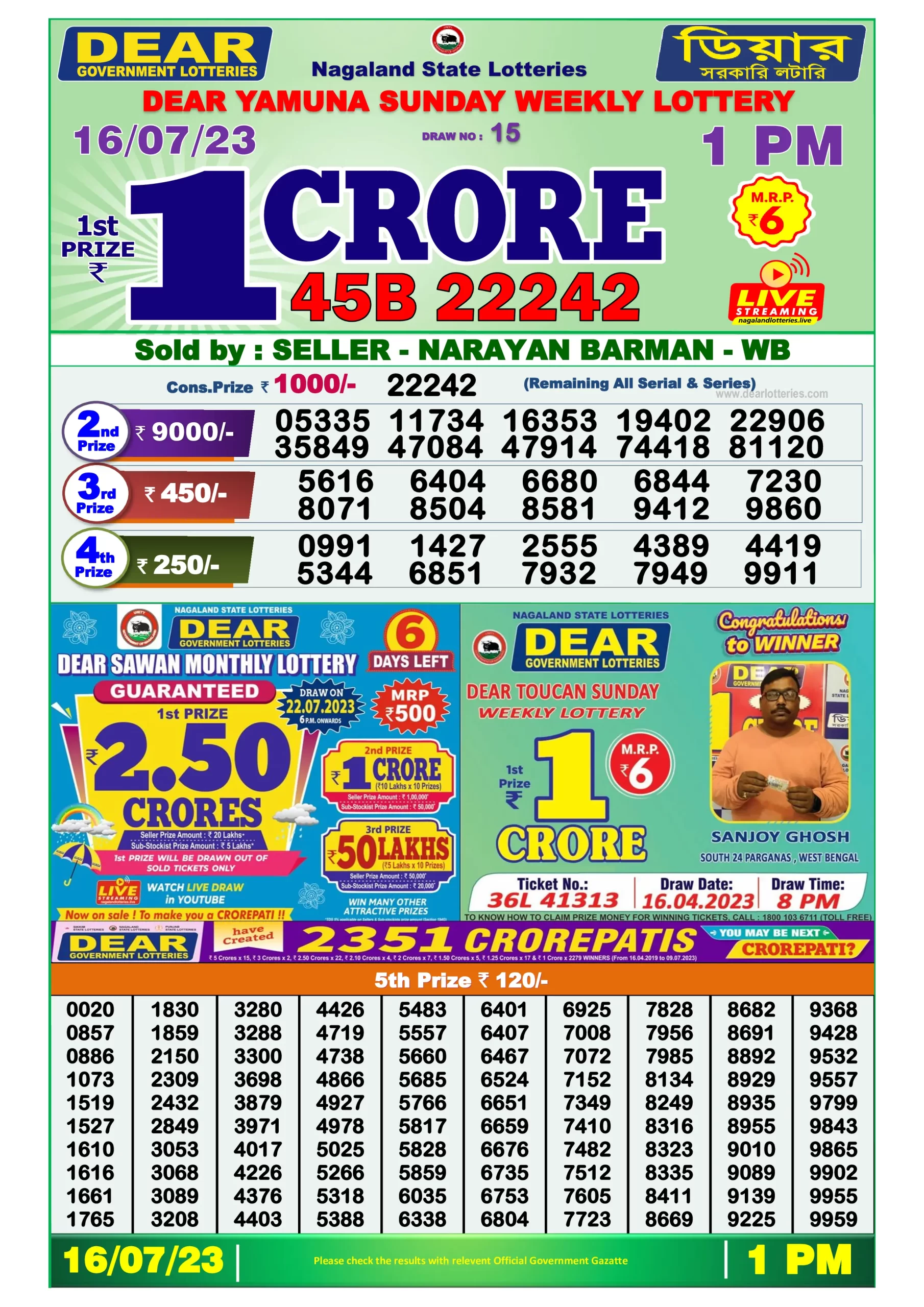 Dhankesari Dear Morning Lottery Result 1:00 PM 16.7.2023
