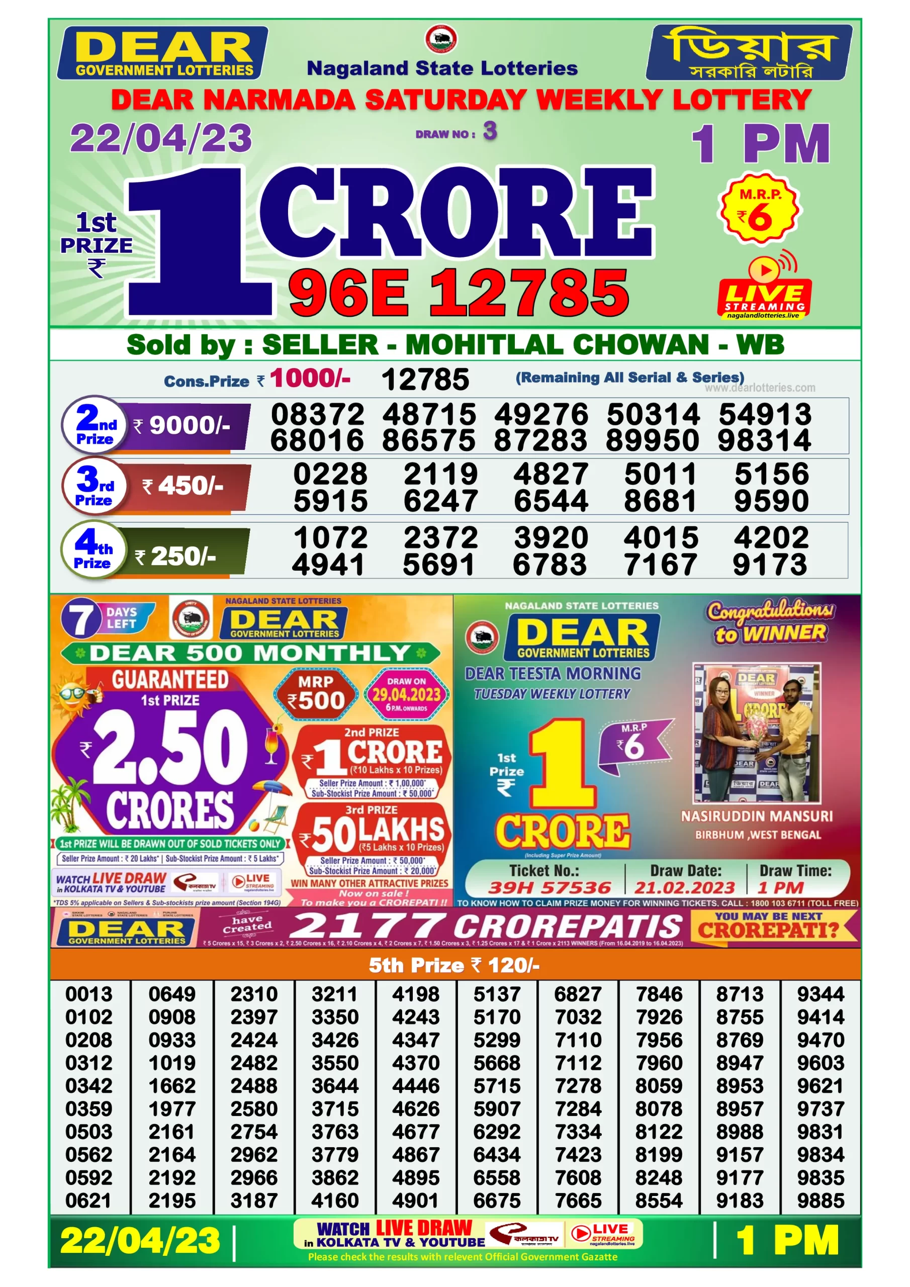 Dhankesari Result Lottery Sambad 1:00 PM Result 22.4.2023