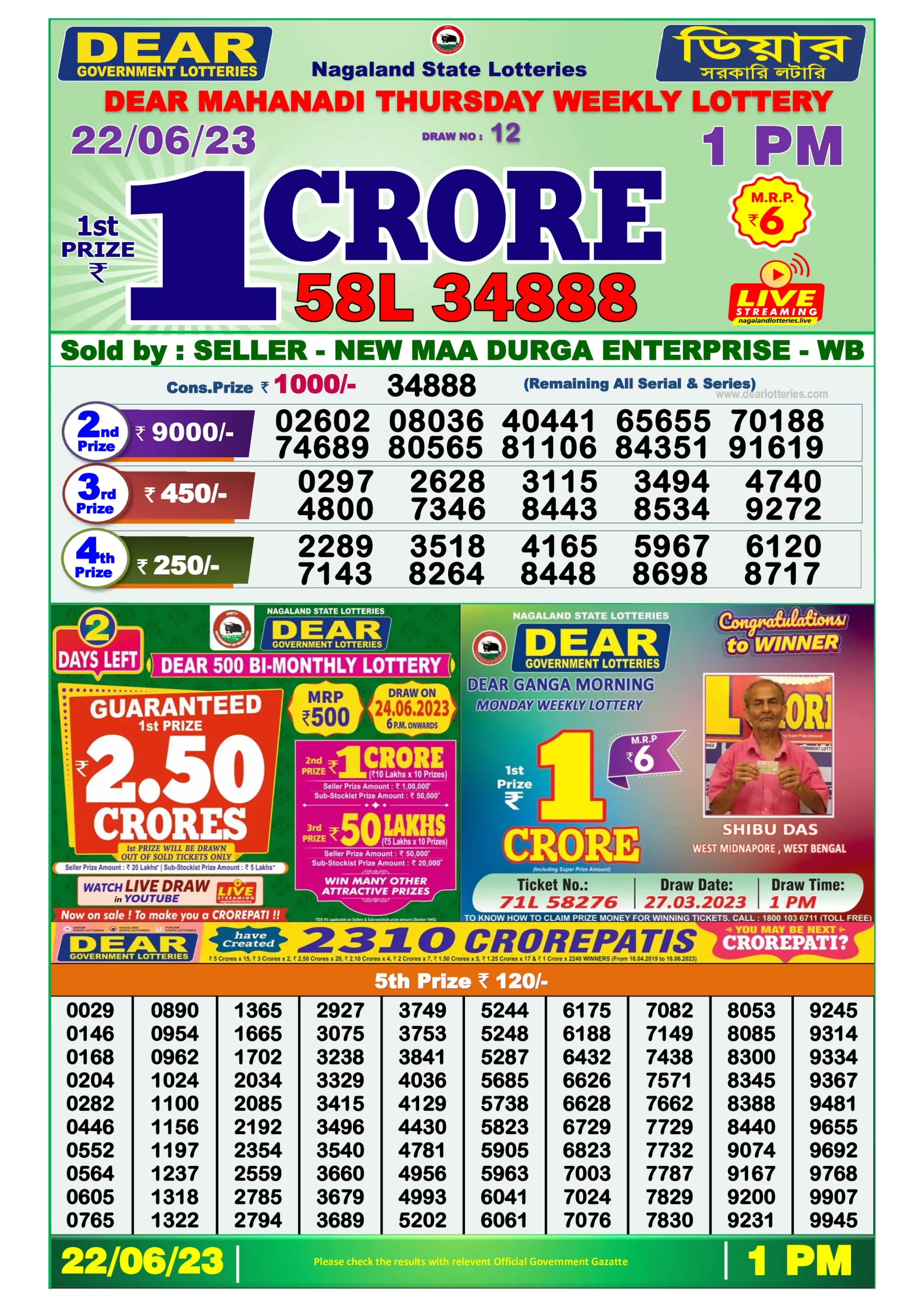 Dhankesari Result Lottery Sambad 1:00 PM Result 22.6.2023
