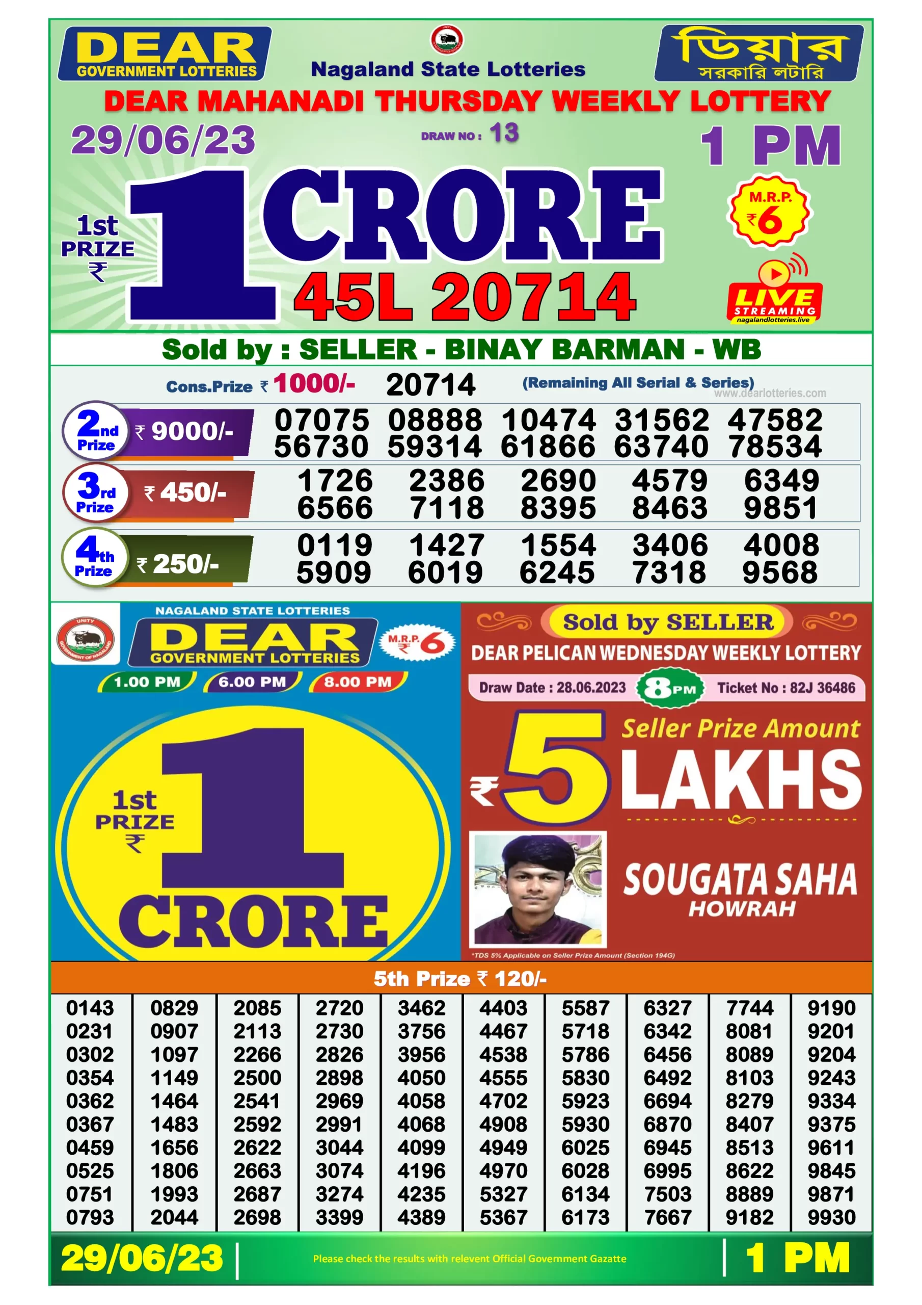 Dhankesari Result Lottery Sambad 1:00 PM Result 29.6.2023