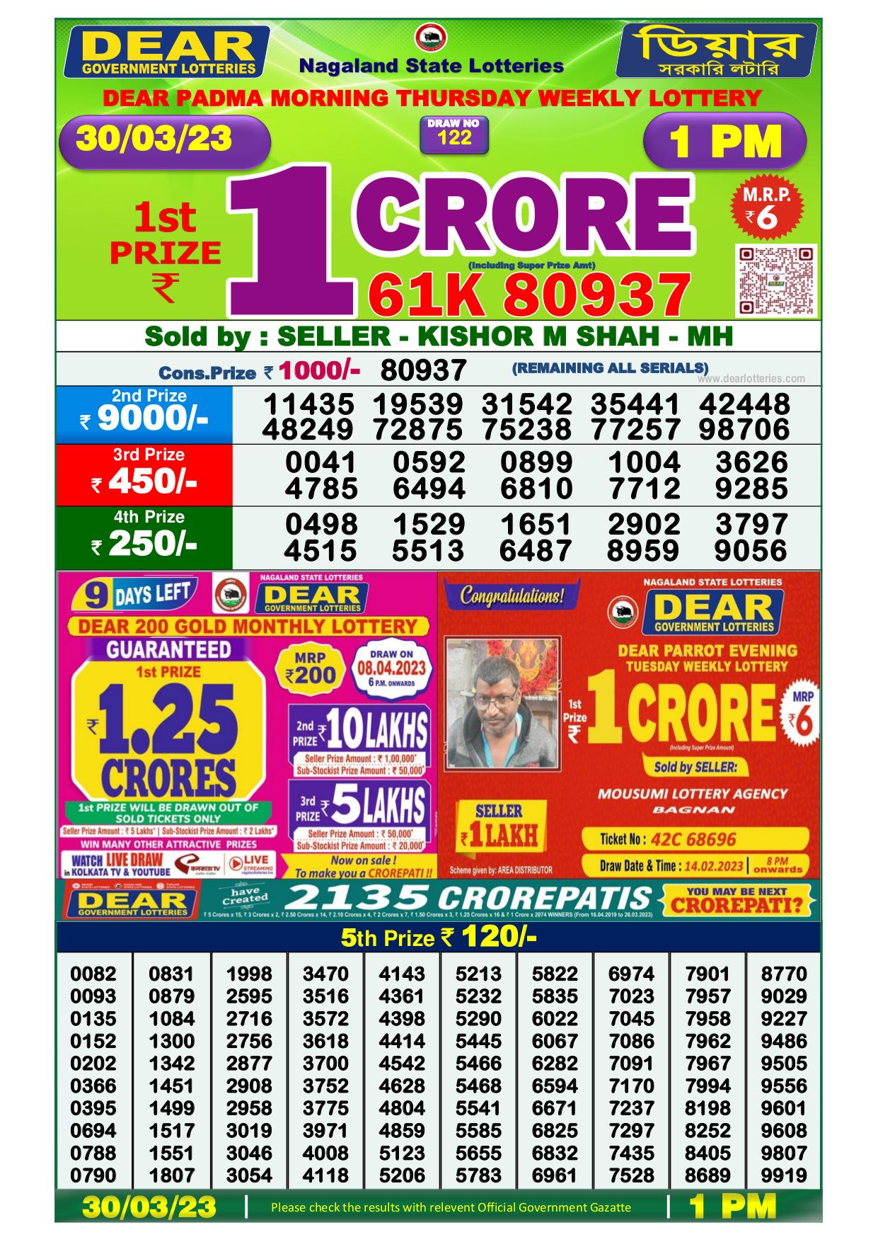 Dhankesari Dear Morning Lottery Result 1:00 PM 30.3.2023