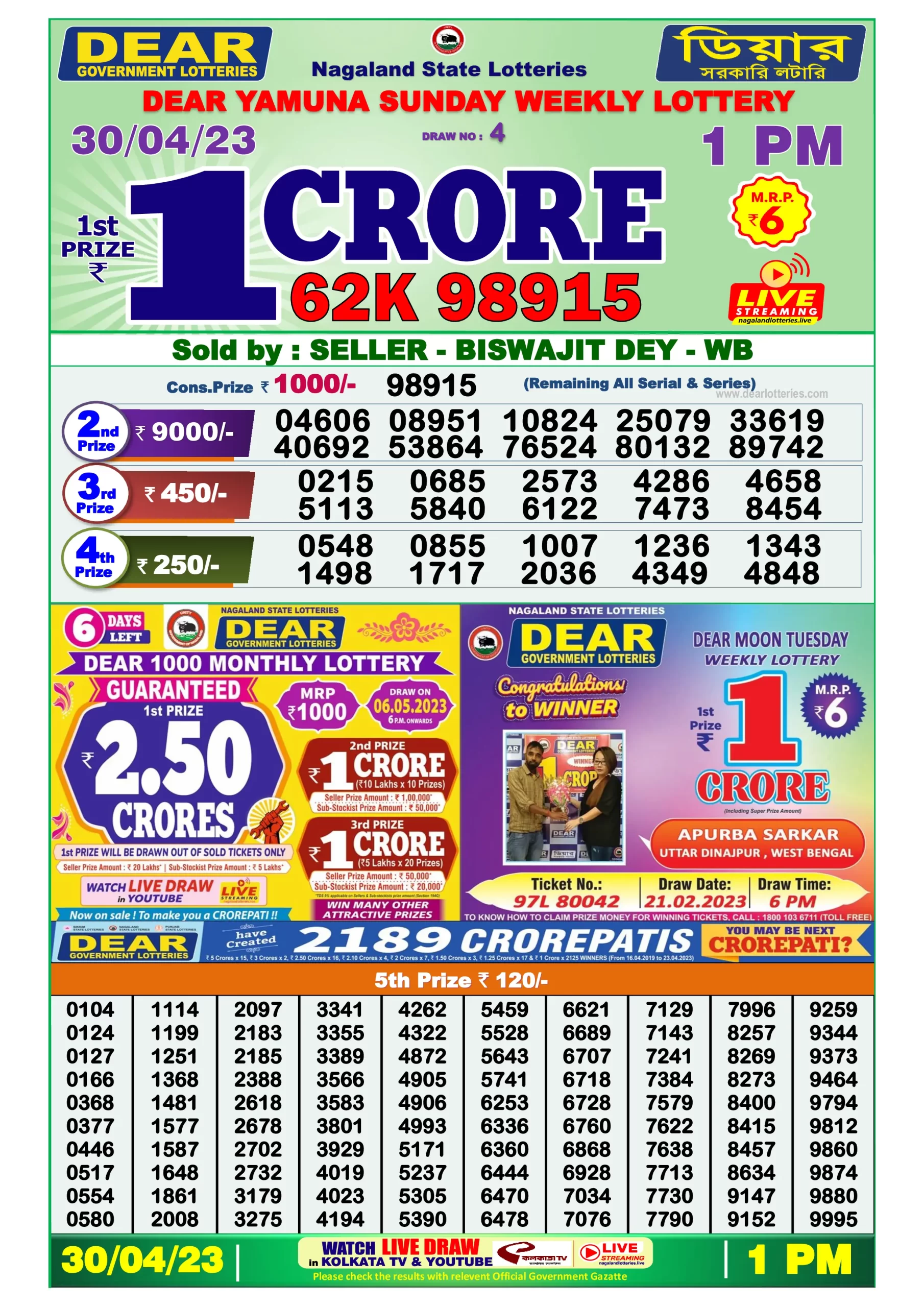 Dhankesari Result Lottery Sambad 1:00 PM Result 30.4.2023