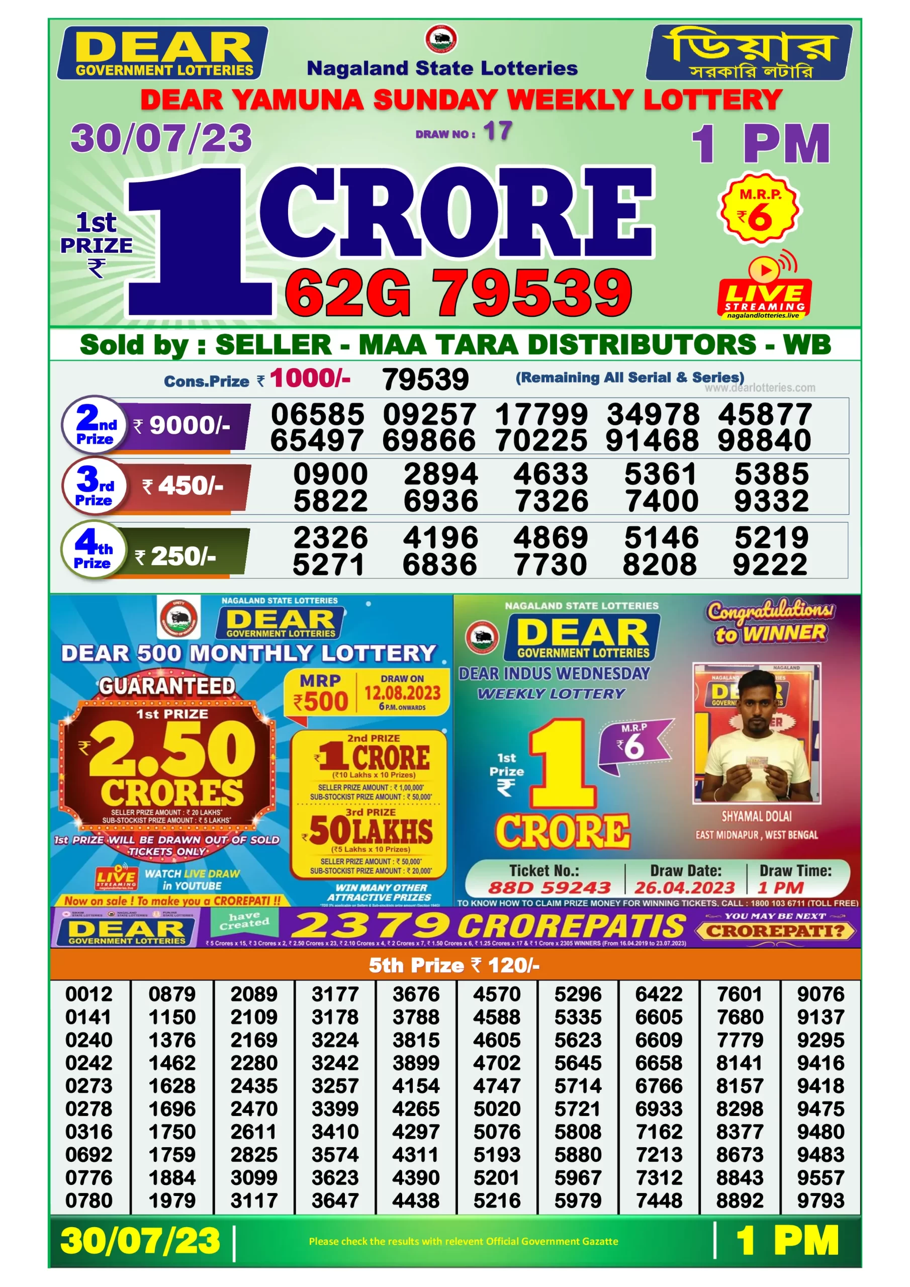 Dhankesari Result Lottery Sambad 1:00 PM Result 30.7.2023