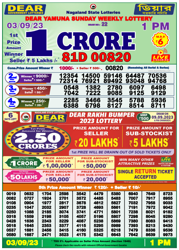 Lottery Sambad Morning Result 1 PM 3.9.2023