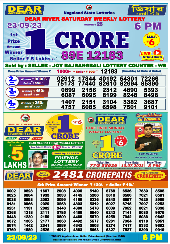 Lottery Sambad Day Result 6 PM 23.9.2023