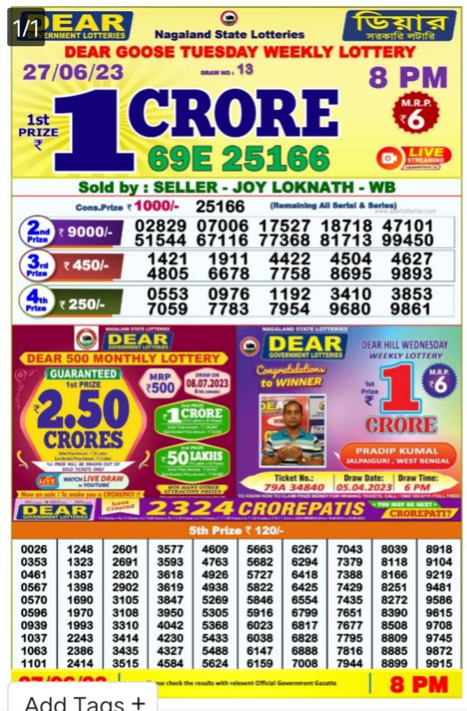 Dhankesari Result 8:00 PM Lottery Sambad Evening 27.6.2023