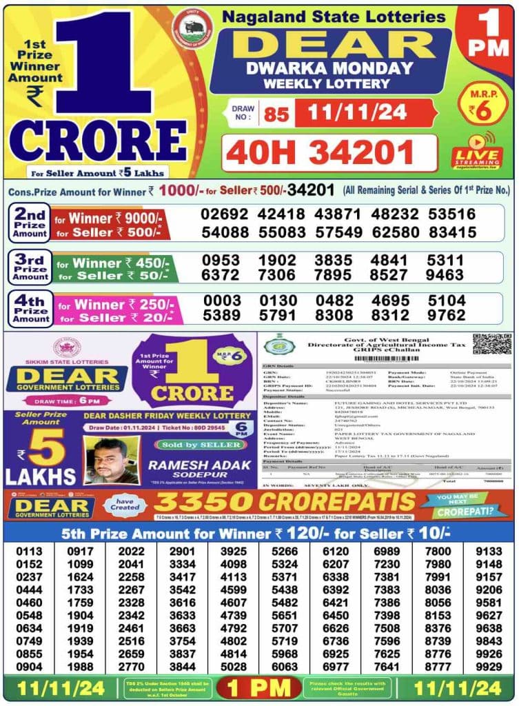 Dhankesari Result Lottery Sambad 1:00 PM Result 11.11.2024