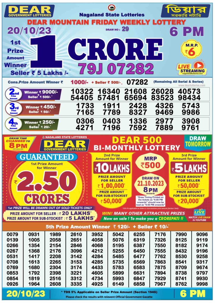 Lottery Sambad Day Result 6 PM 20.10.2023